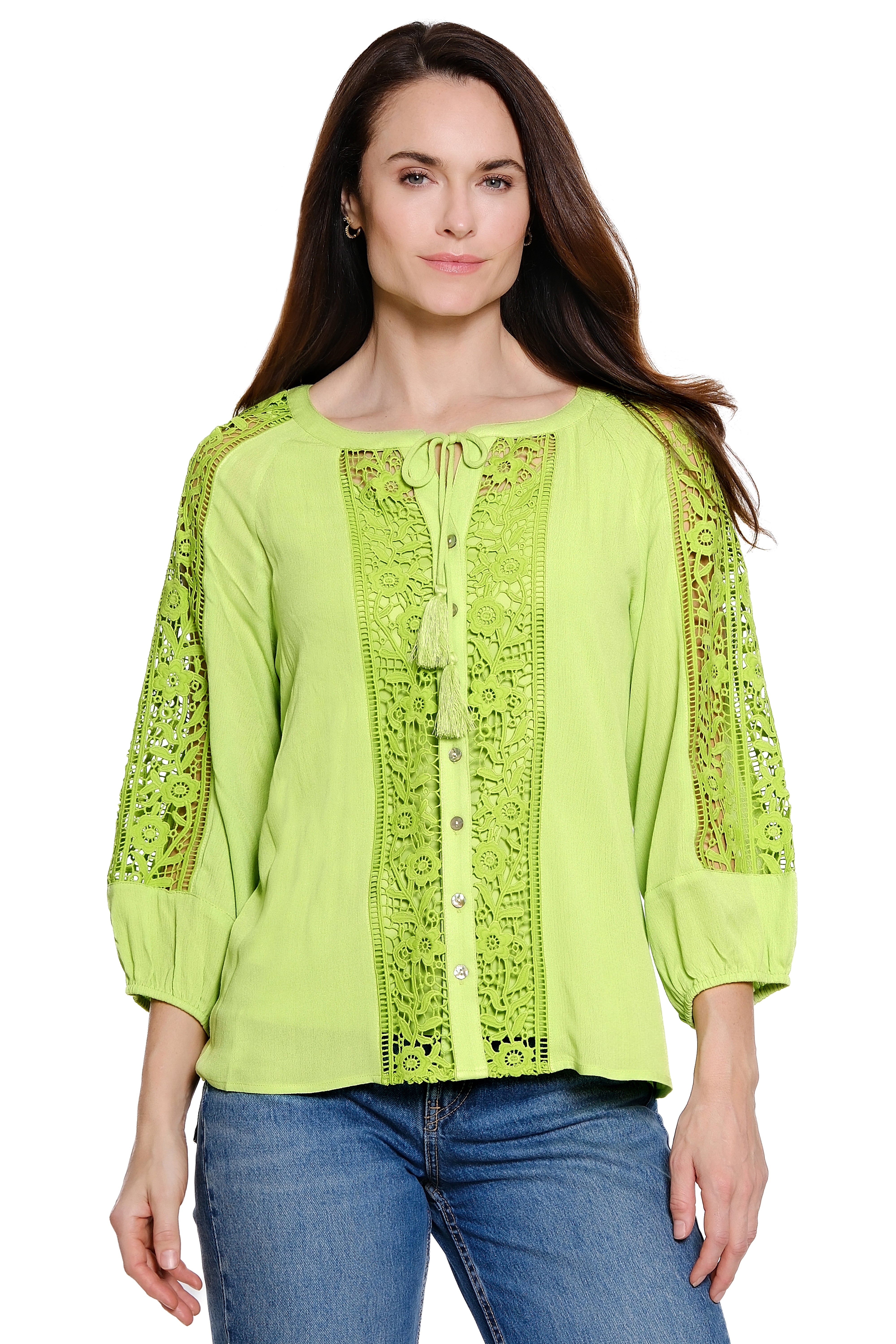 Woven Button Front Tunic with Lace Panels - Leaf