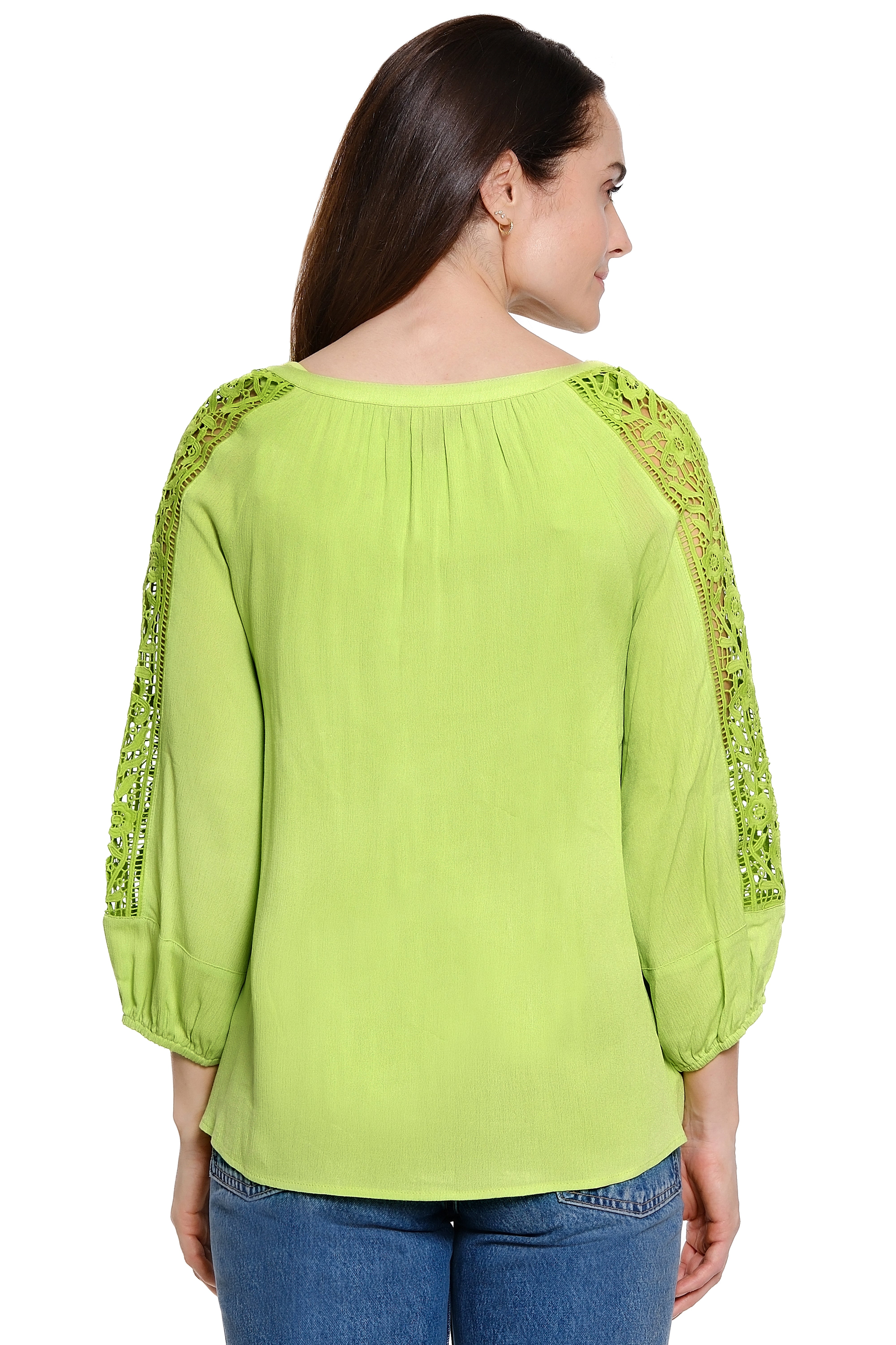 Woven Button Front Tunic with Lace Panels - Leaf