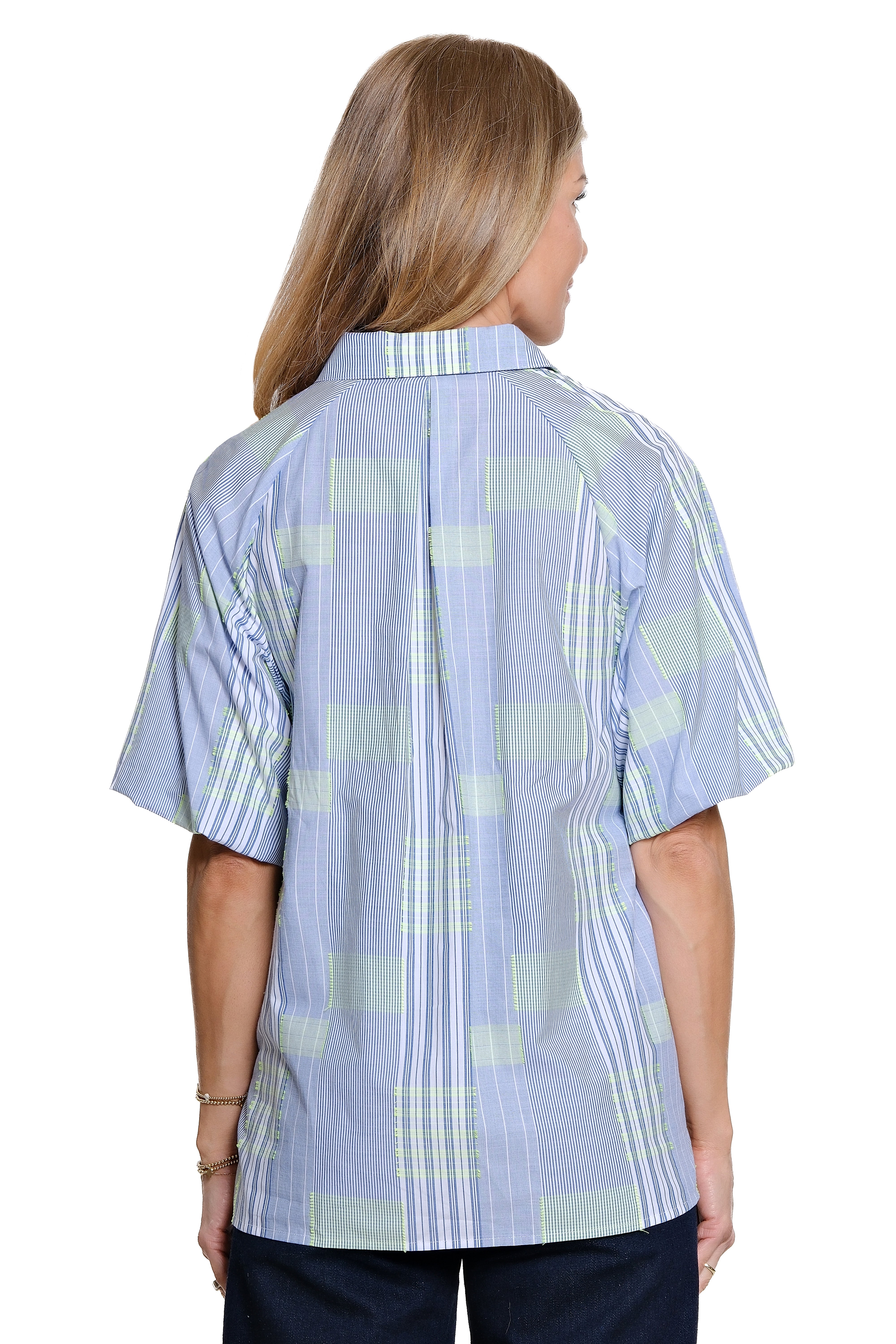 Woven Cotton Button Front Top with Point Collar - Blue