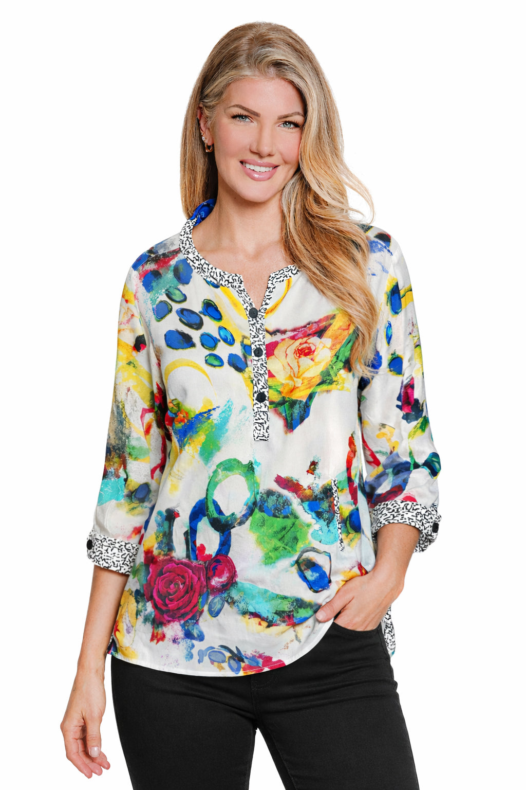 Woven Button-Up Round Neck 3/4 Cuff Sleeve Top - Petite - Multi