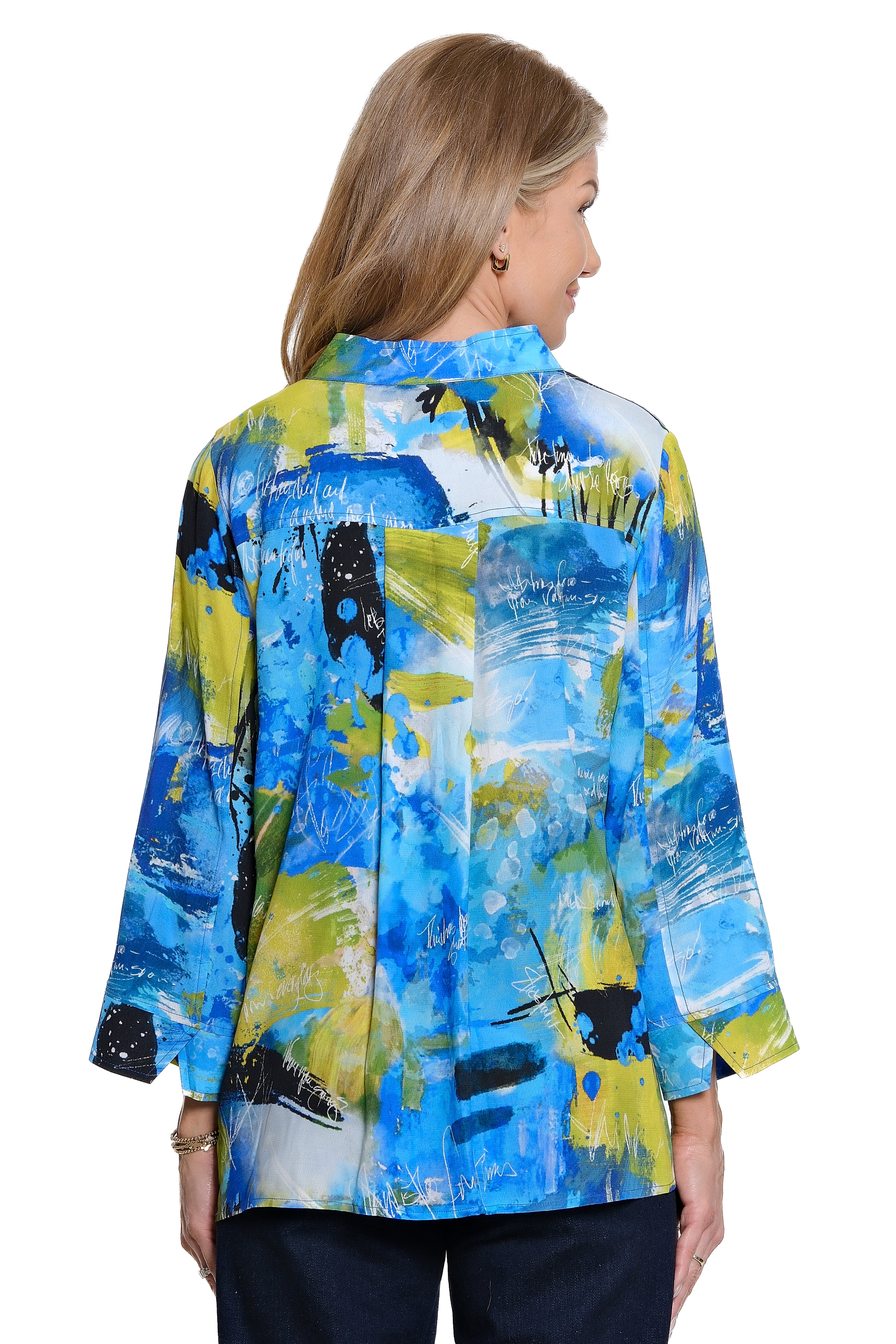 Woven Embroidered Button Front 3/4 Sleeve Top - Petite - Abstract Multi