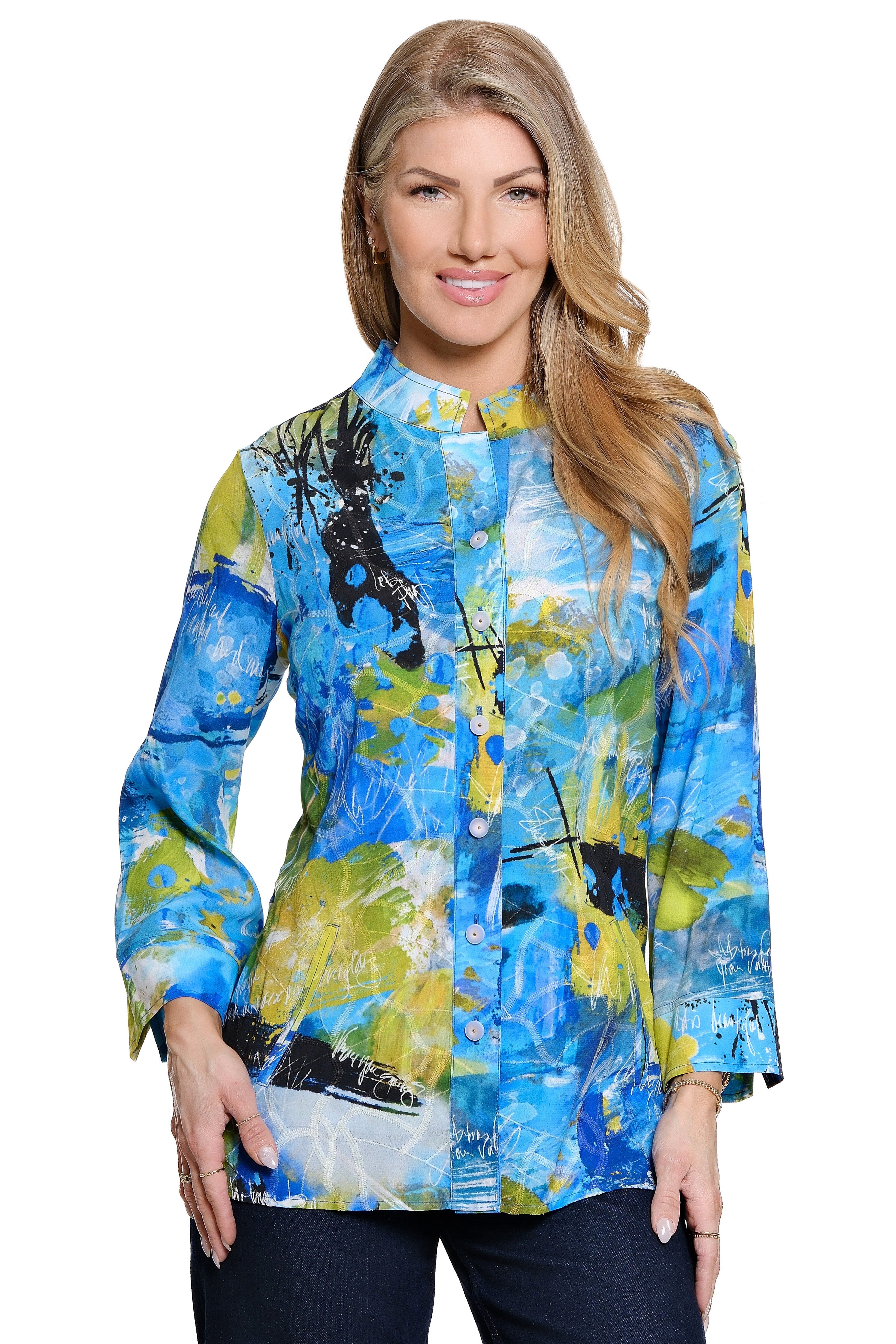 Woven Embroidered Button Front 3/4 Sleeve Top - Petite - Abstract Multi