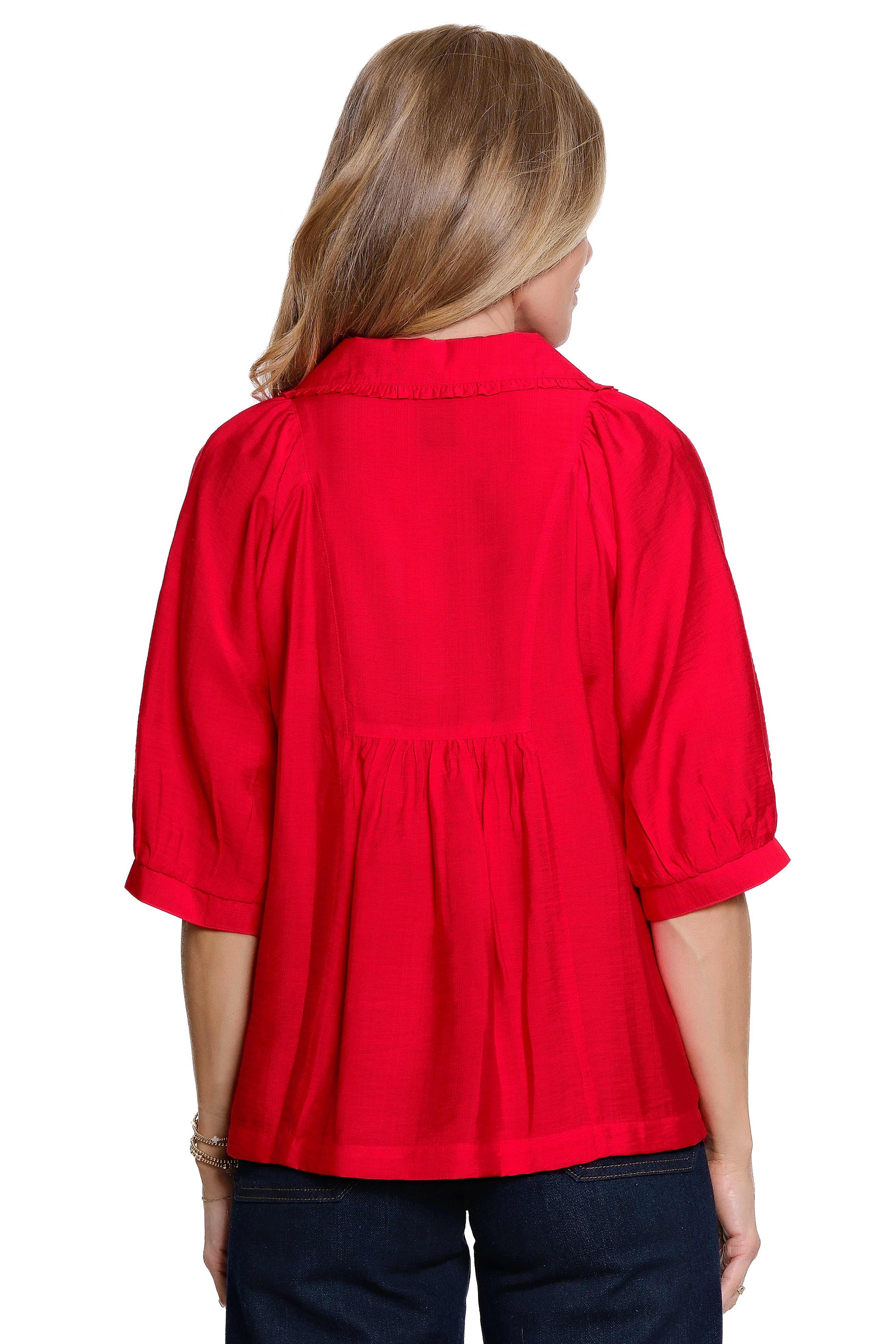 Woven Pop-Over Point Collar Split Neck Raglan Elbow Sleeve Top - Red