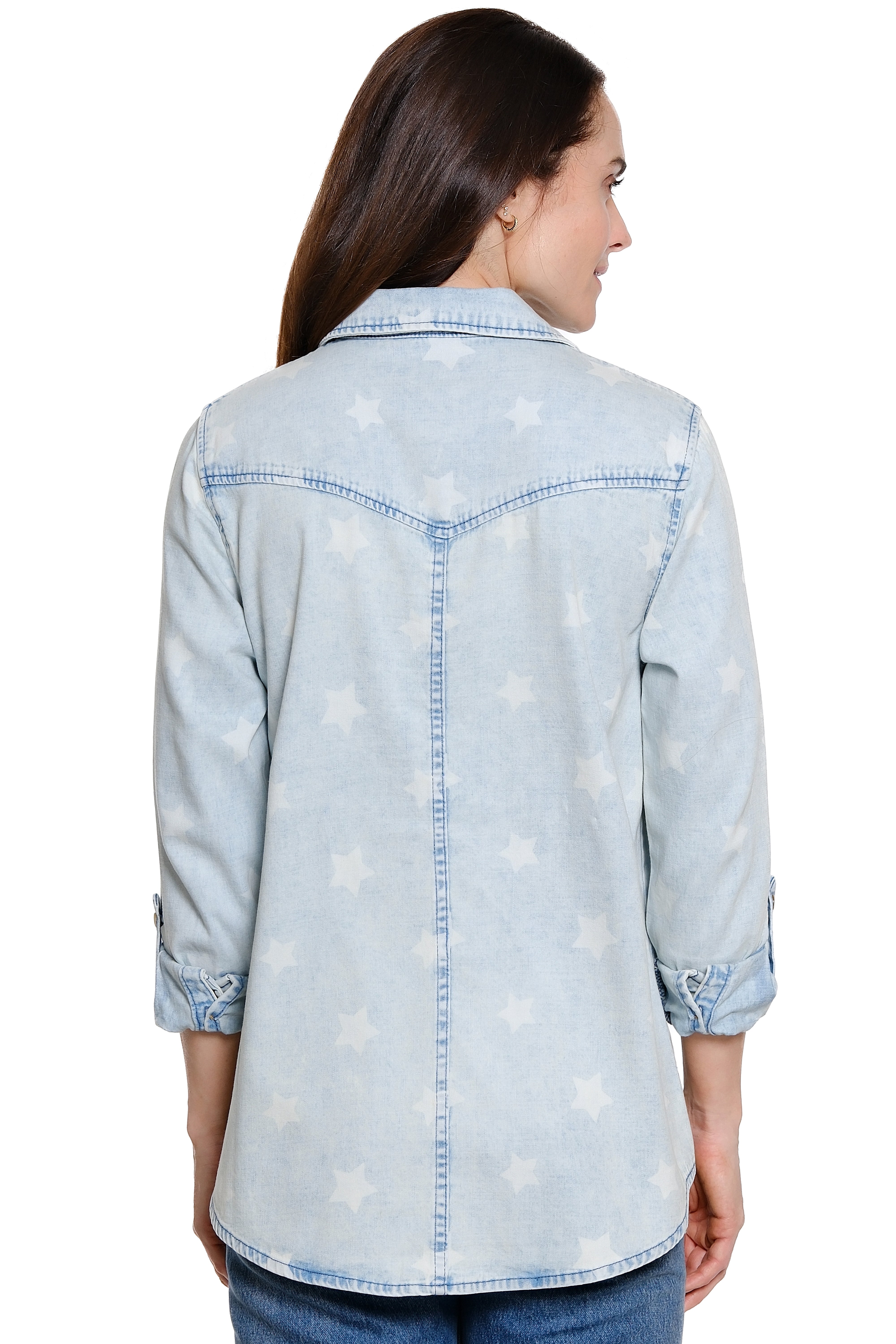 Woven Star Print Button Front Point Collar 3/4 Roll Tab Sleeve Top - Star Multi