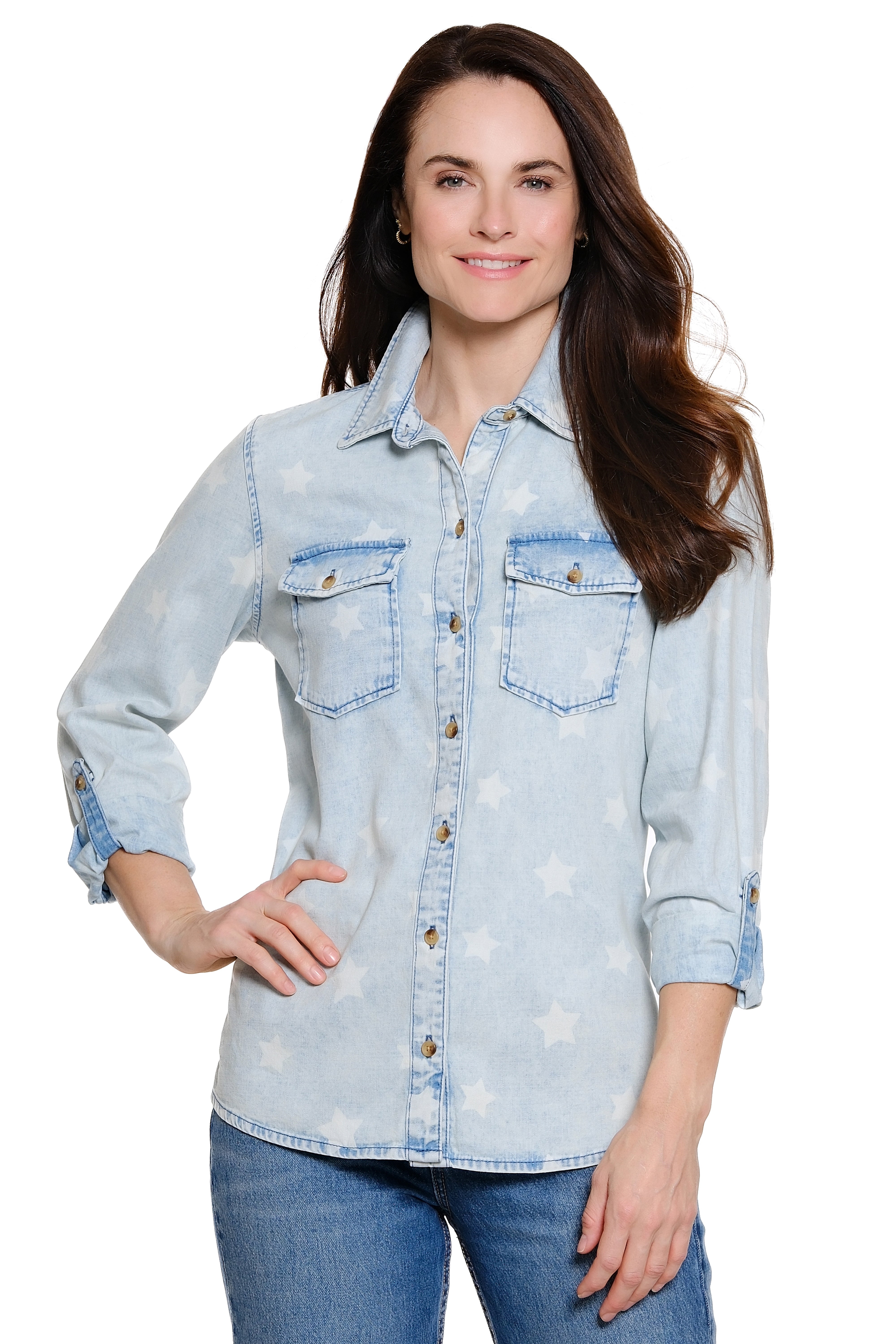 Woven Star Print Button Front Point Collar 3/4 Roll Tab Sleeve Top - Star Multi