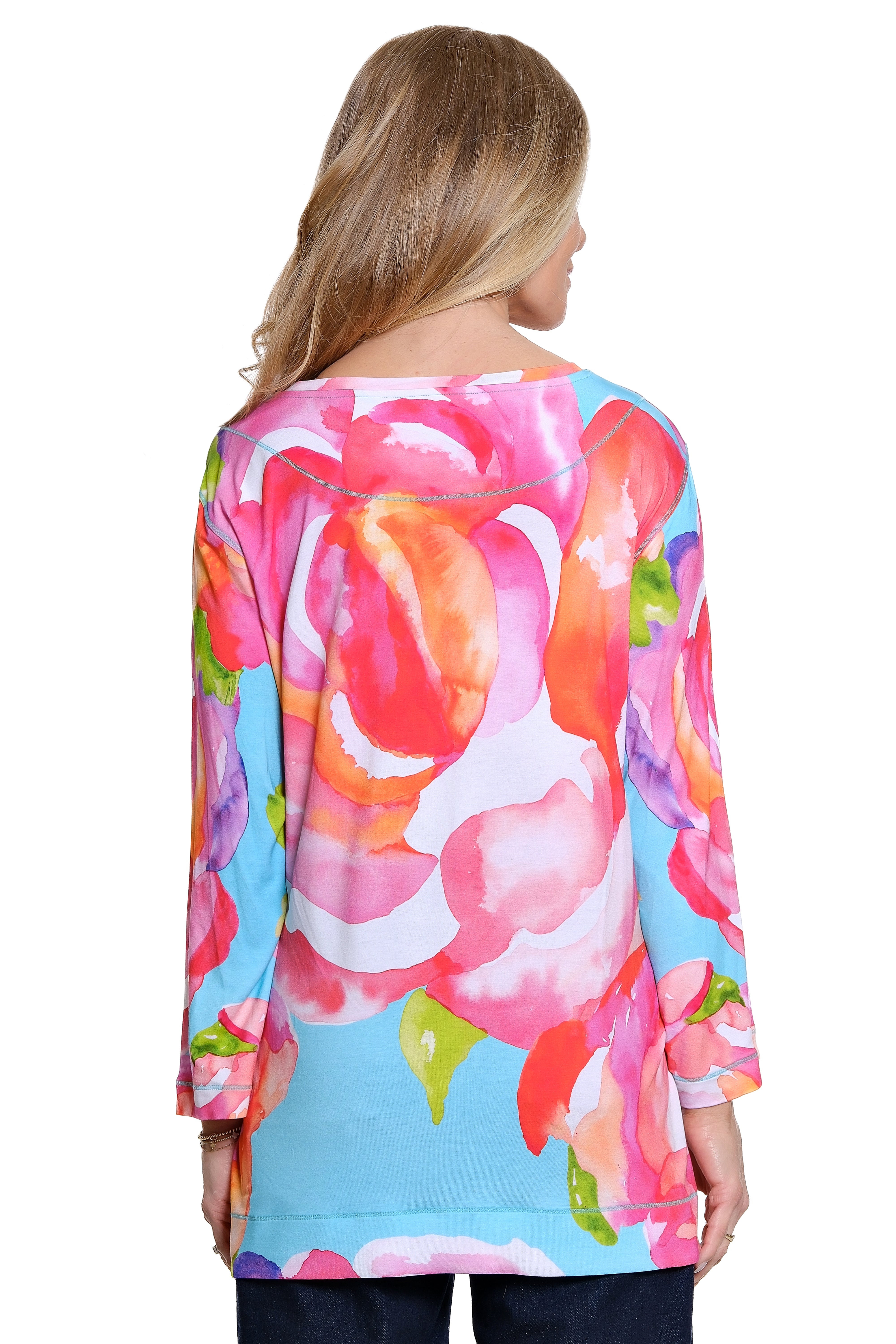 Knit Pop-Over Tunic with Button Detail - Floral Multi