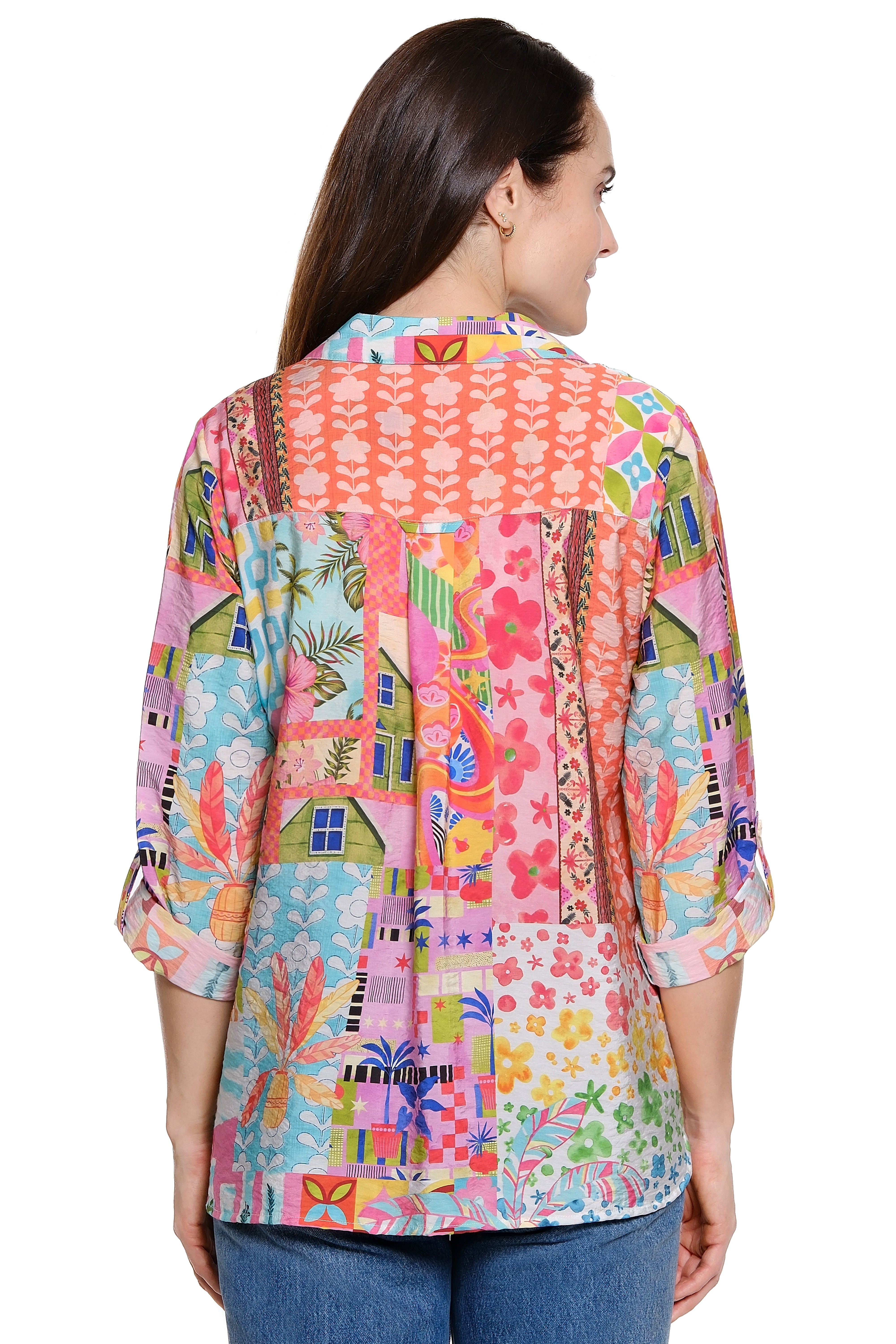 Woven Button Front Shirt with Roll Tab Sleeves - Plus - Pink Print