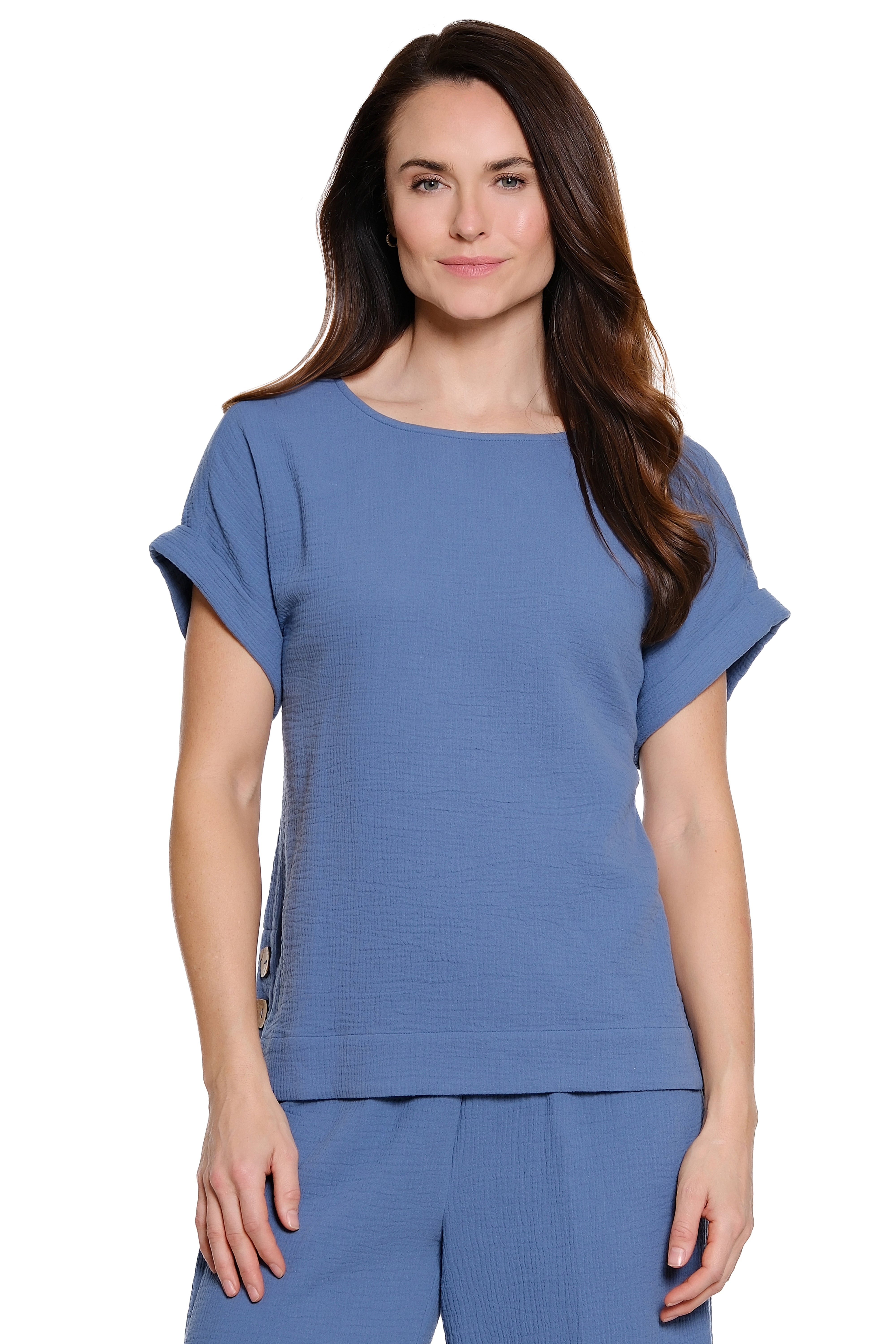 Woven Pop-Over Top with Button Detail - Blue/Grey