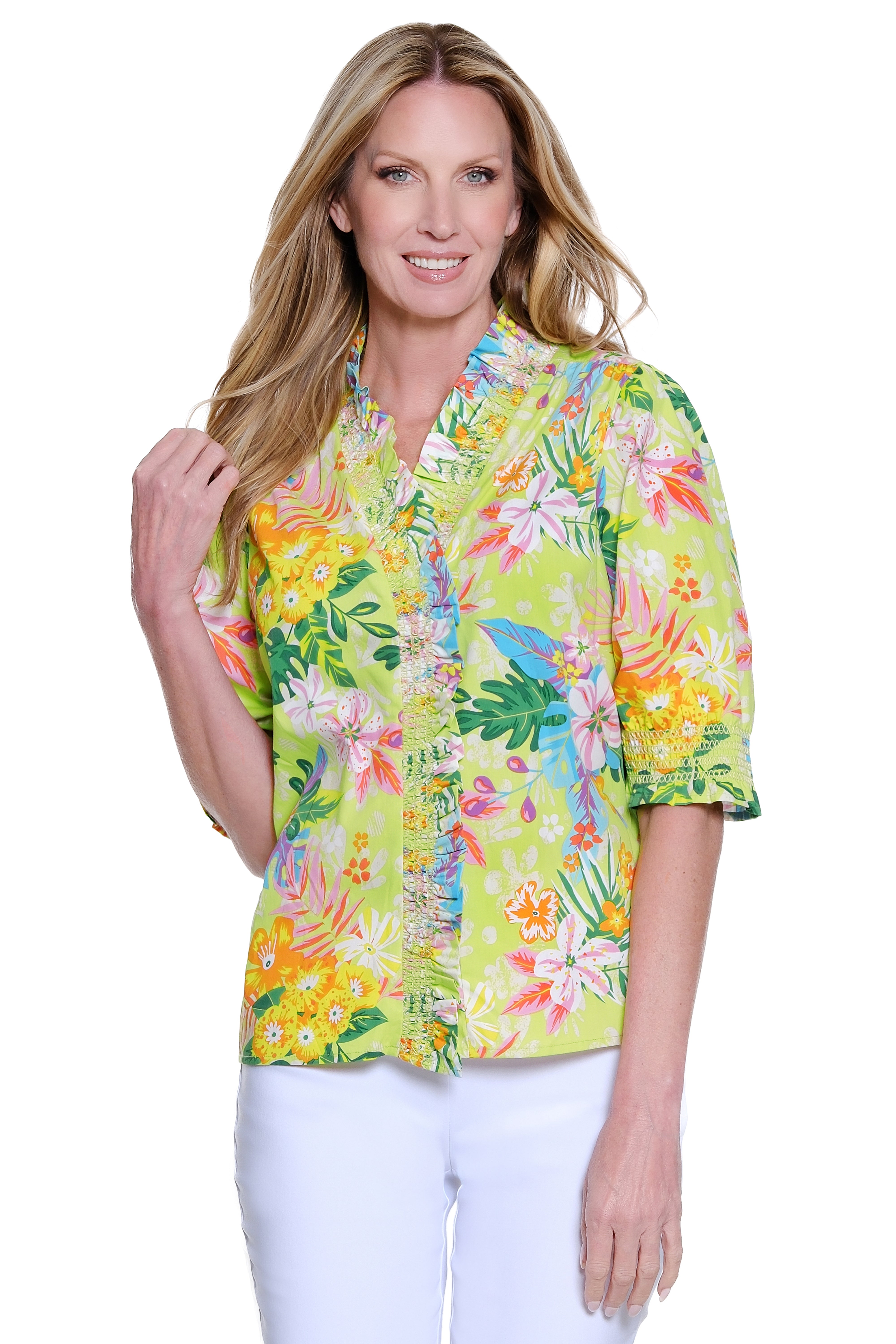 Button Front Top with Ruffle Neckline - Floral Multi