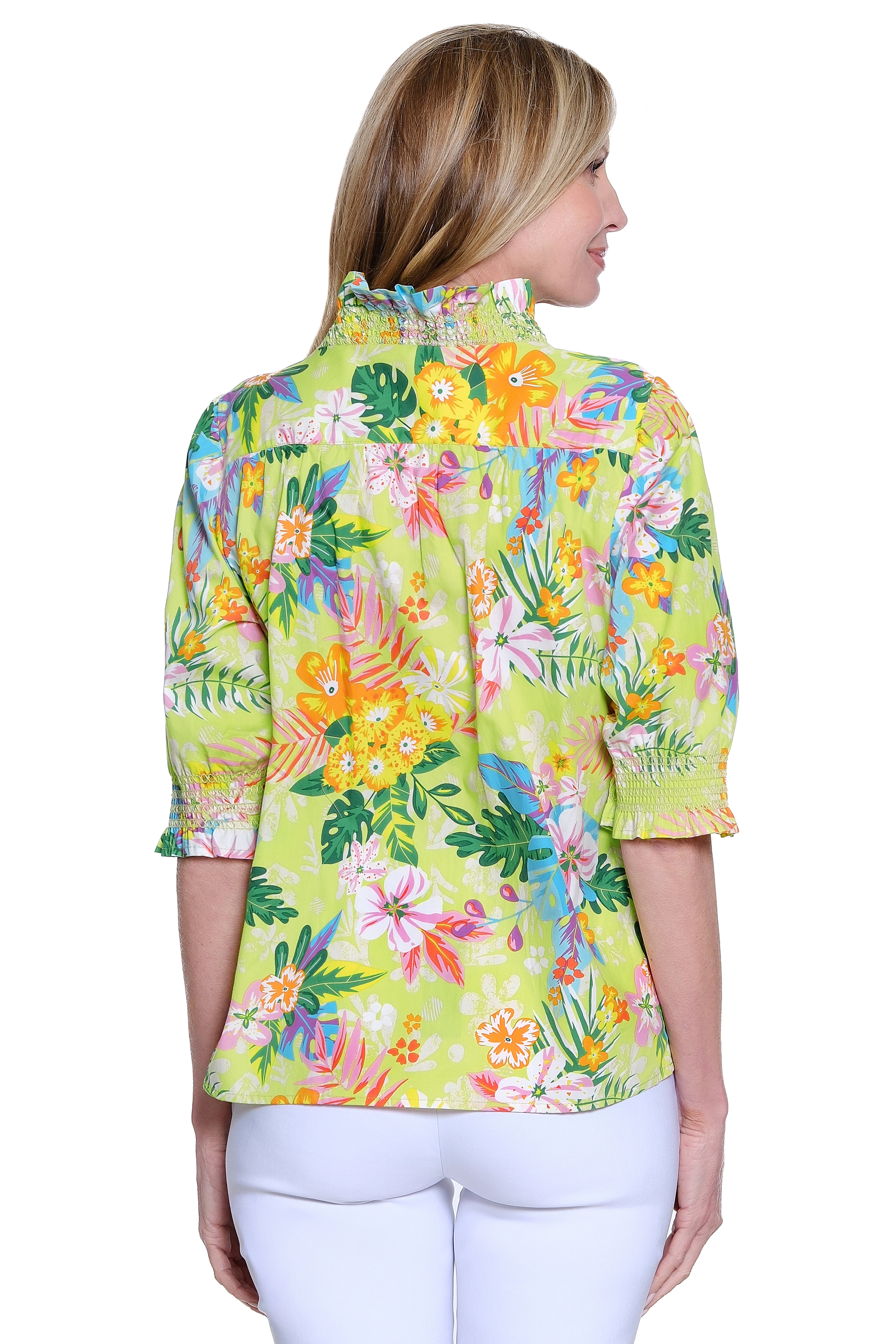 Button Front Top with Ruffle Neckline - Floral Multi