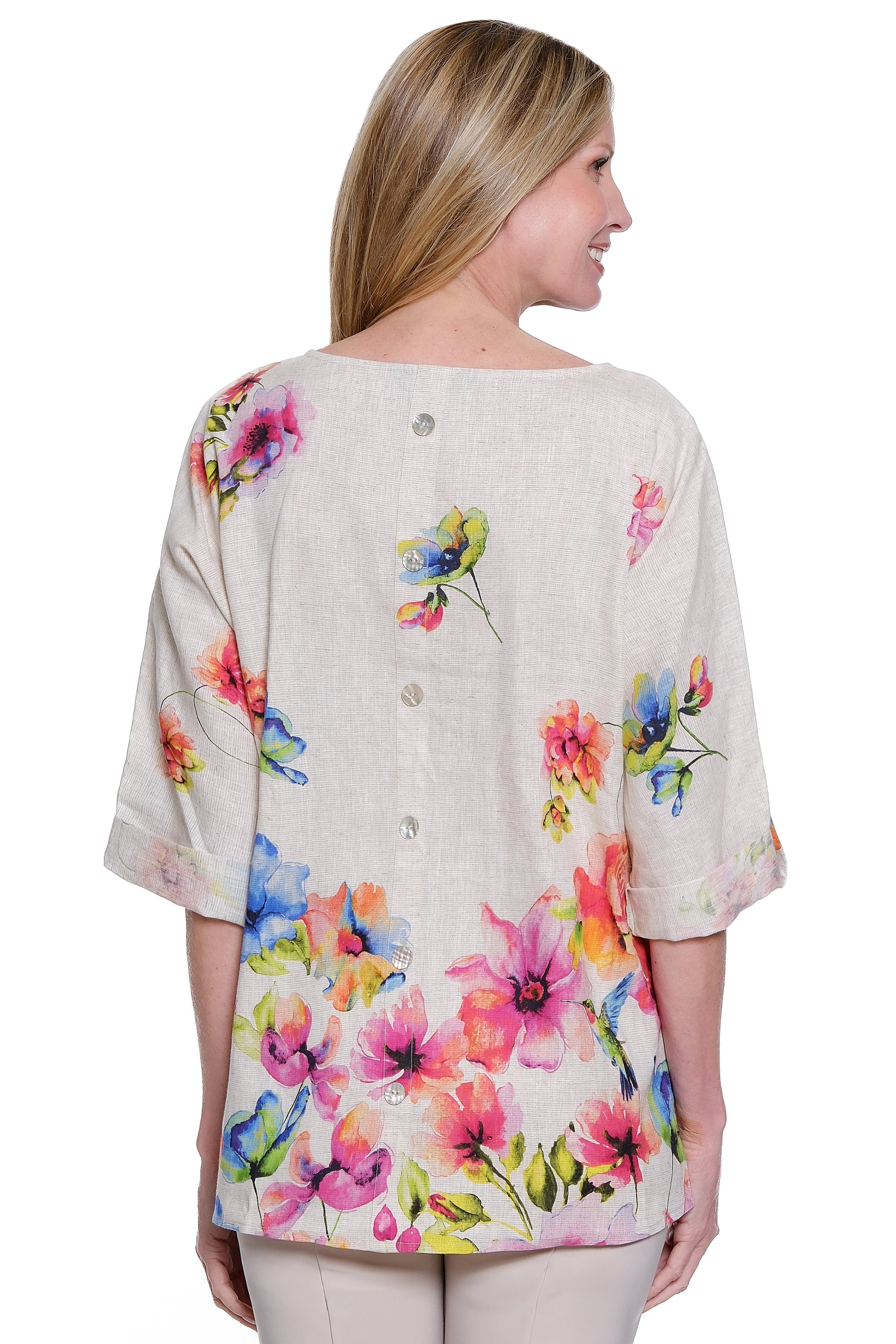 Woven Pop-Over Top with Roll Tab Sleeves - Flora Multi