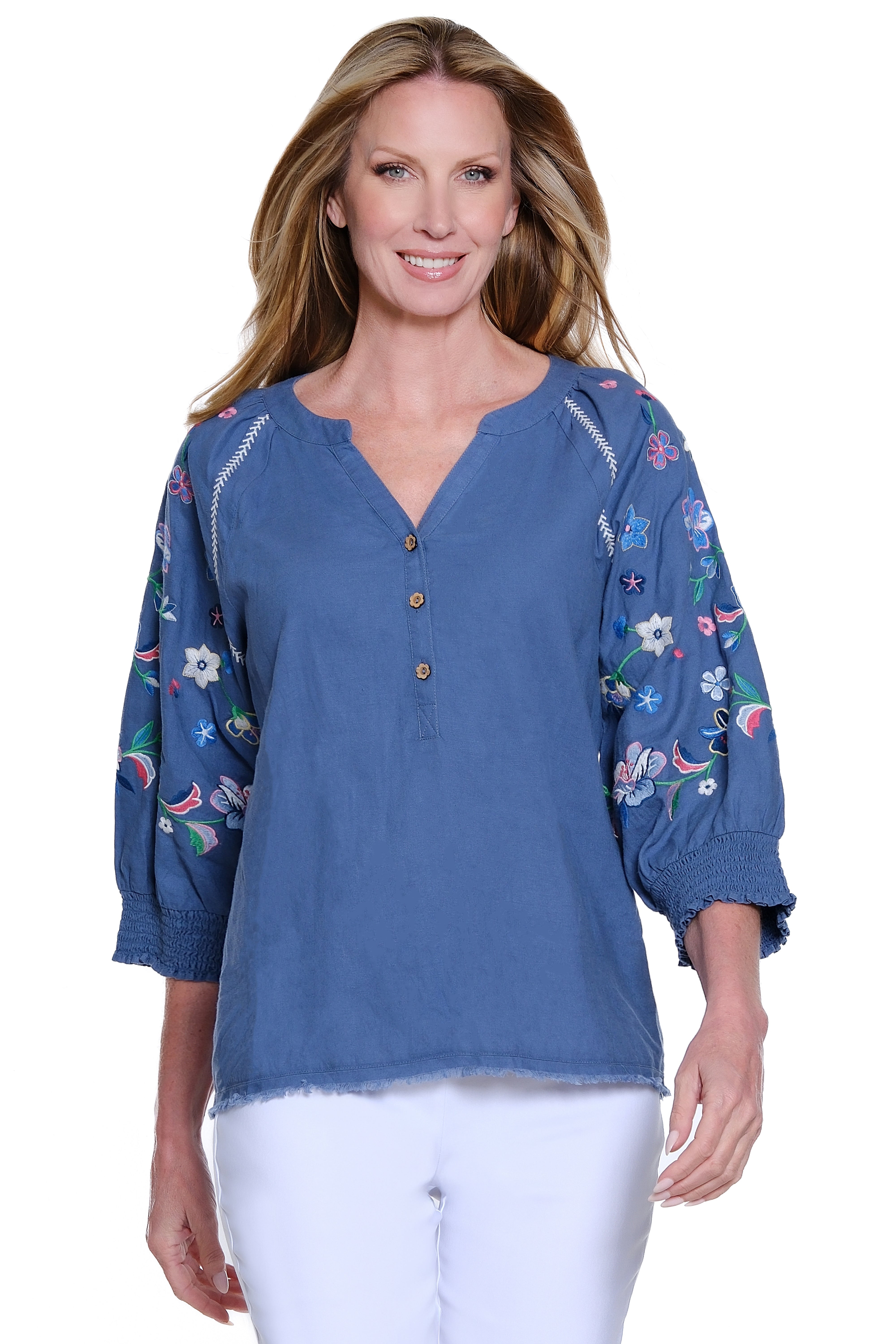 Woven Pop-Over Top with Embroidered Cuffs - Blue