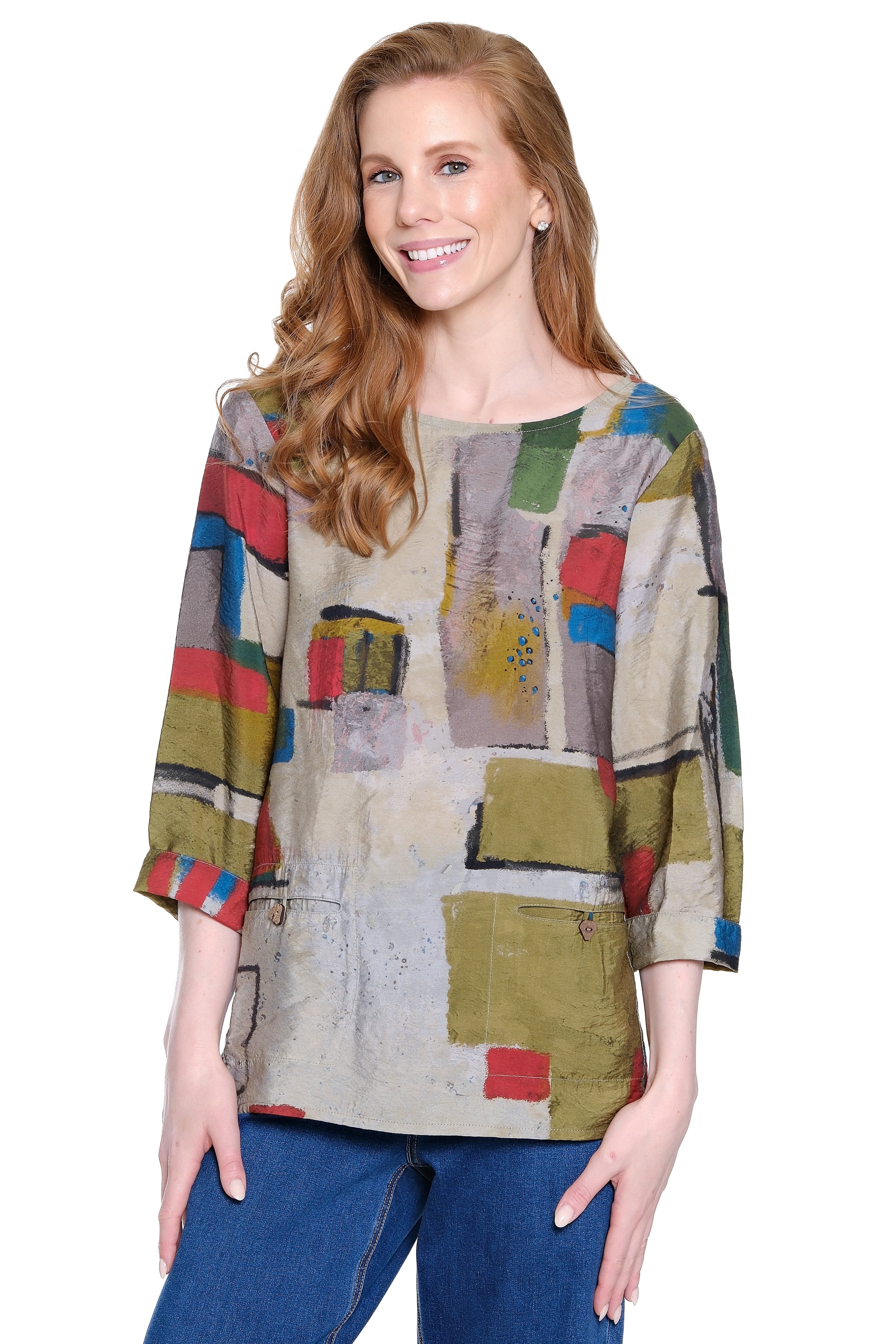 Woven Popover Tunic with Pockets - Petite - Abstract Multi