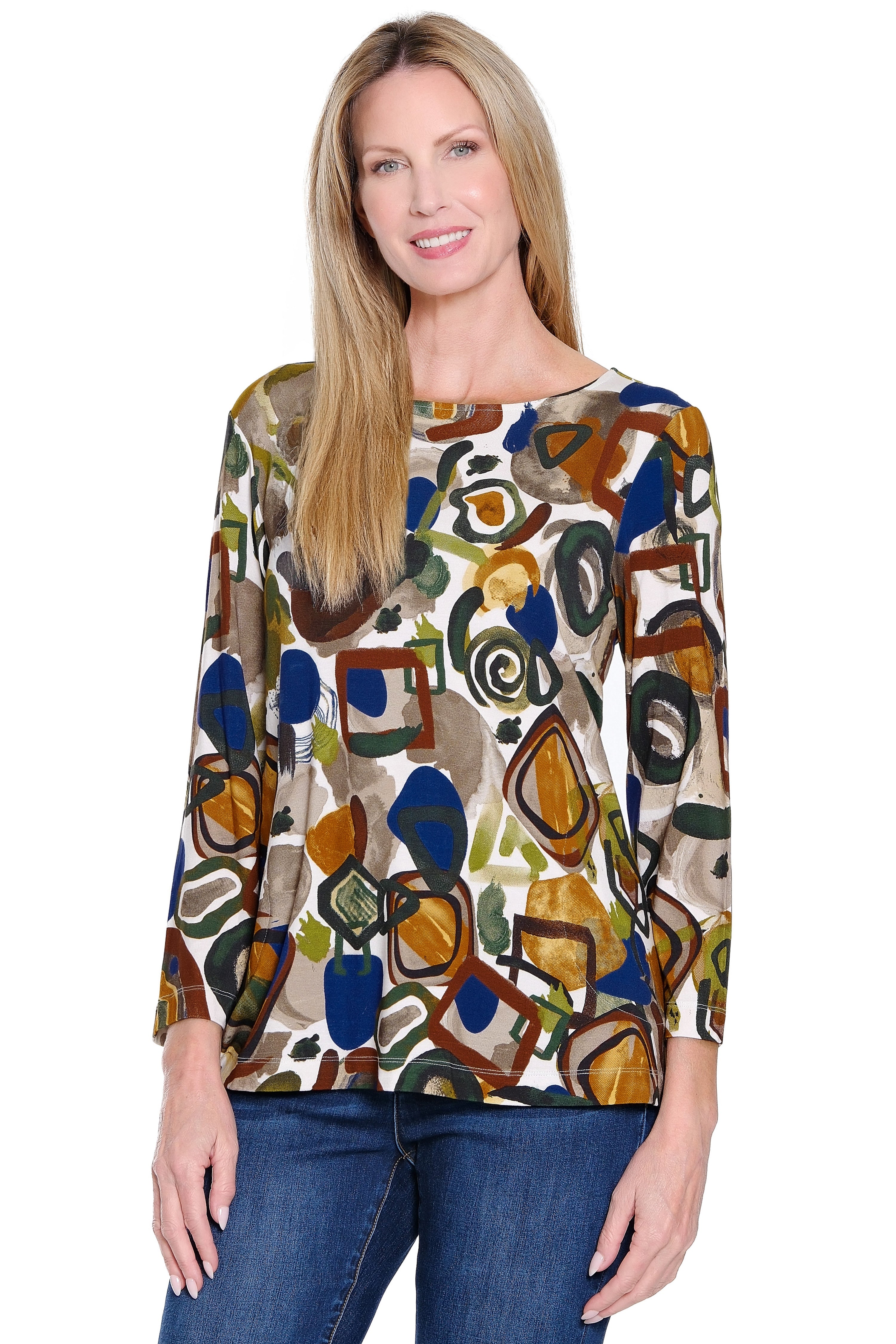 Knit Popover Tunic with Pockets - Neutral Print