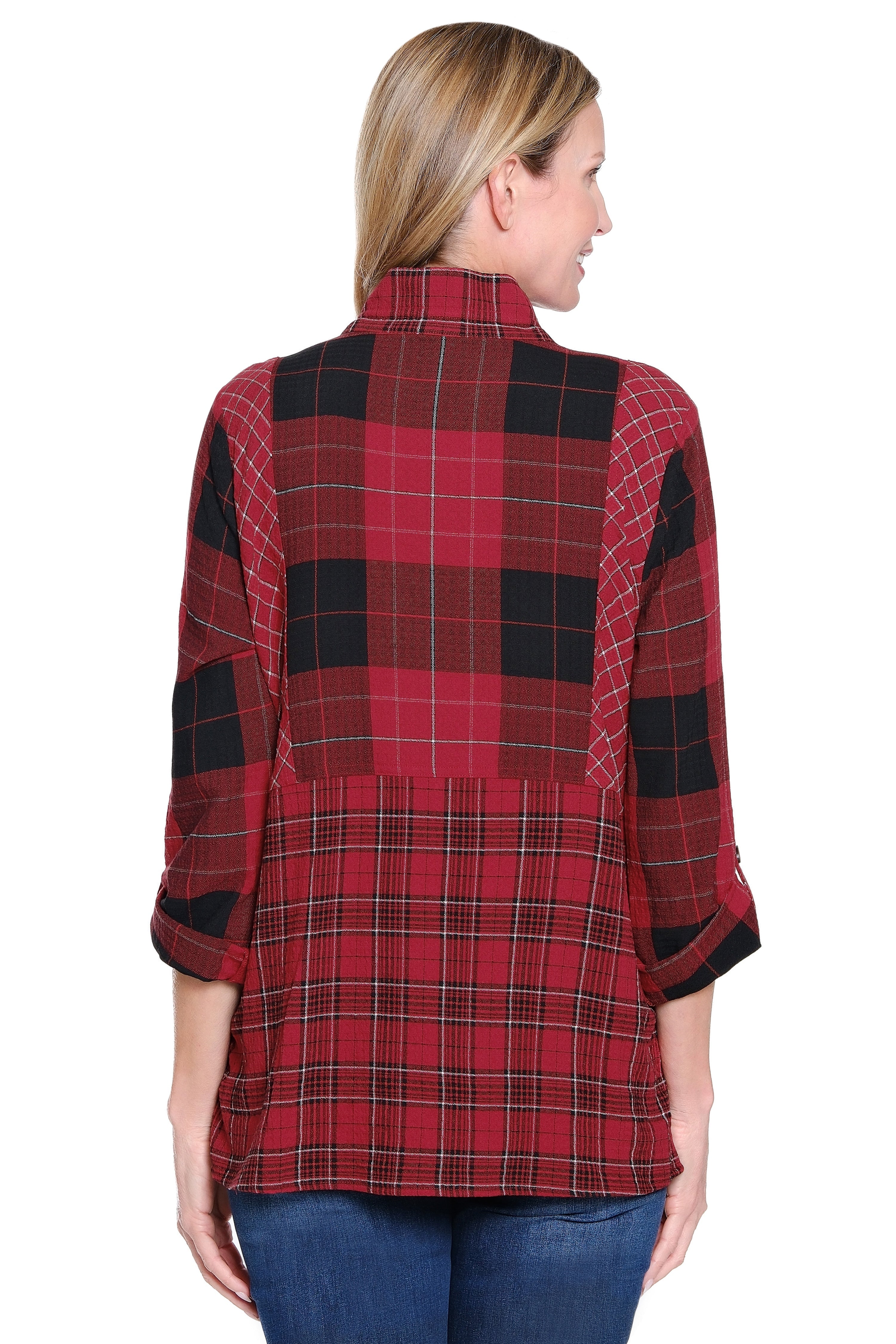 Knit Plaid Button-Front Tunic - Burgundy