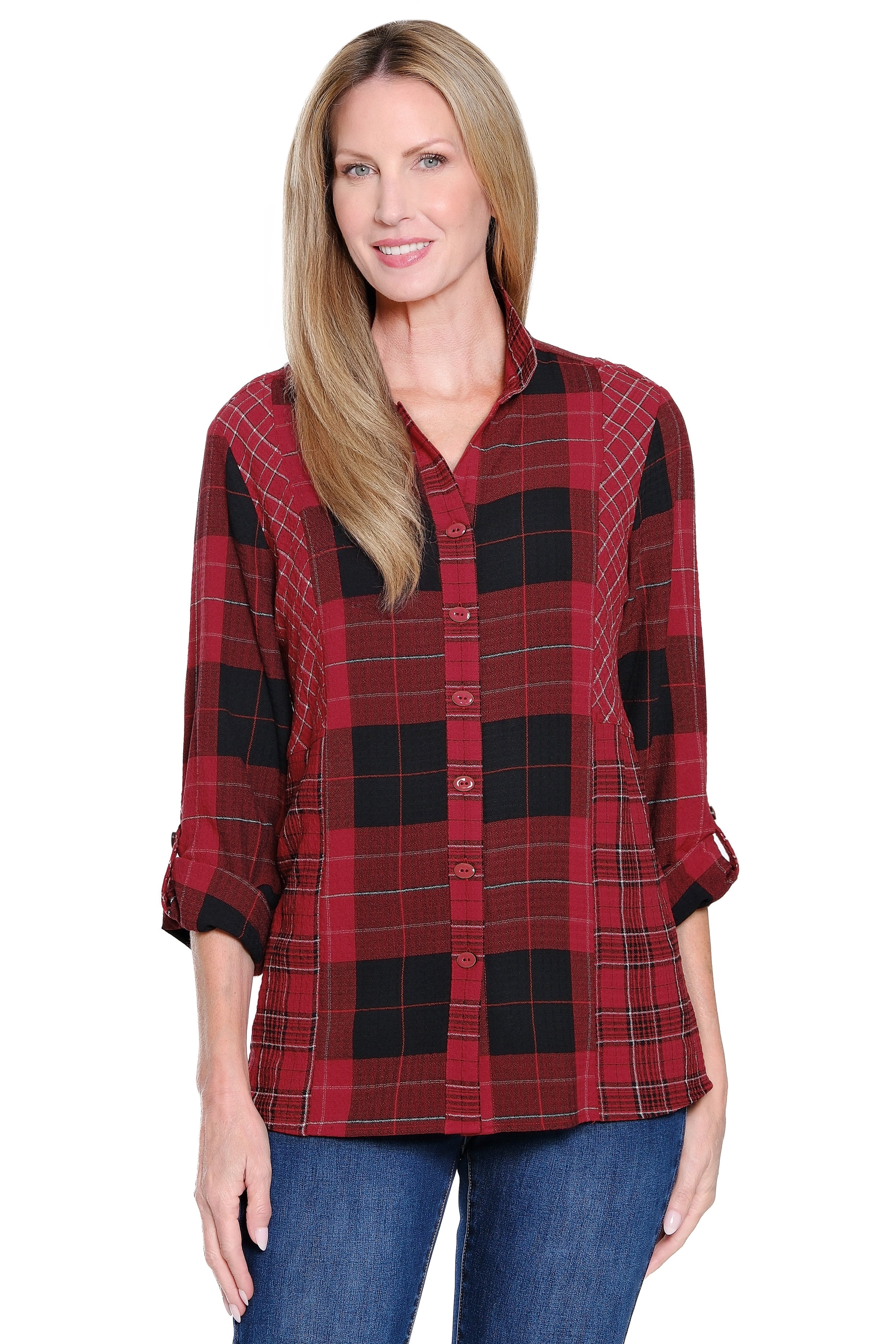 Knit Plaid Button-Front Tunic - Burgundy