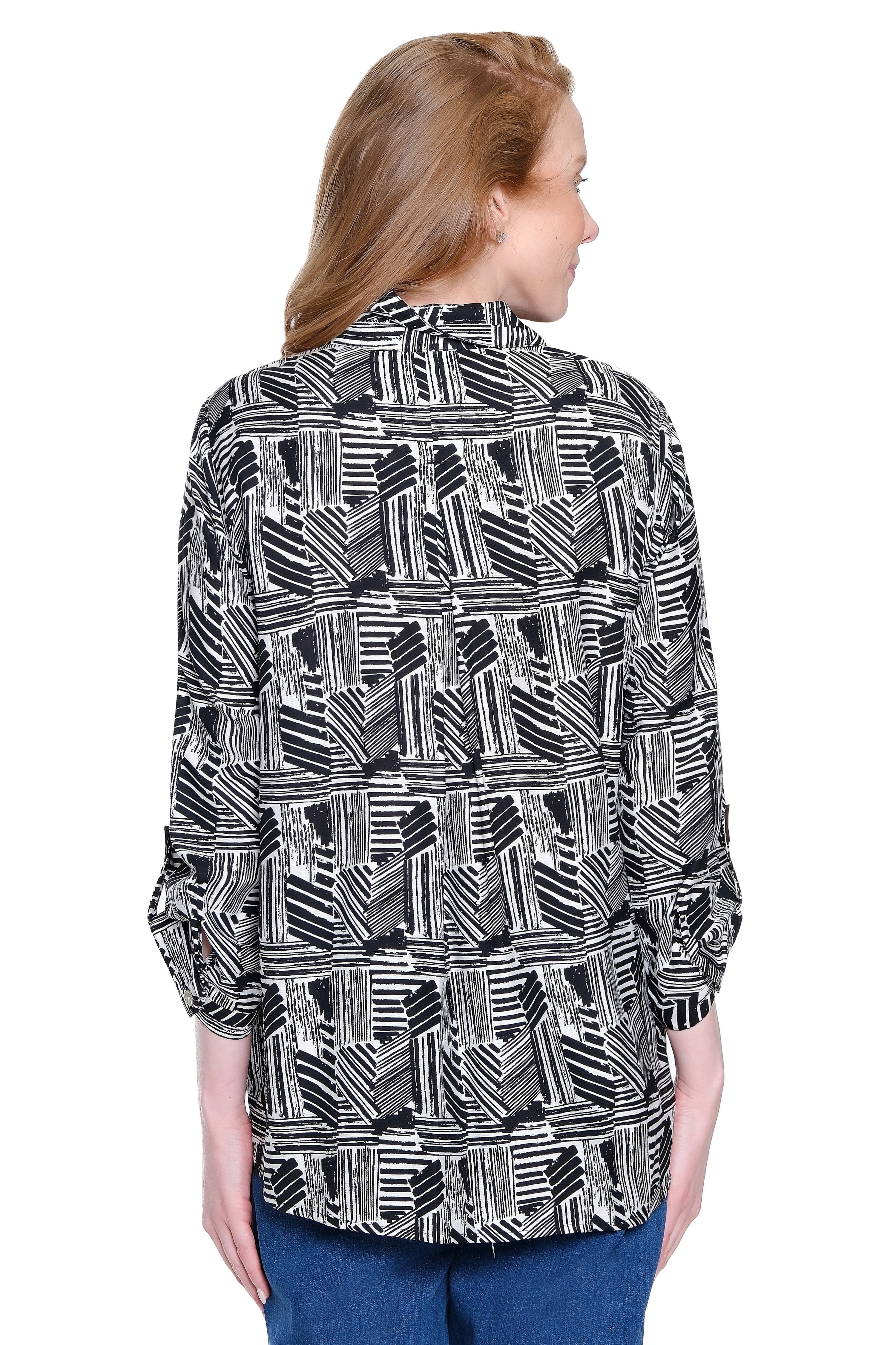 Print Tunic with Button Tab Sleeves - Petite - Black/White