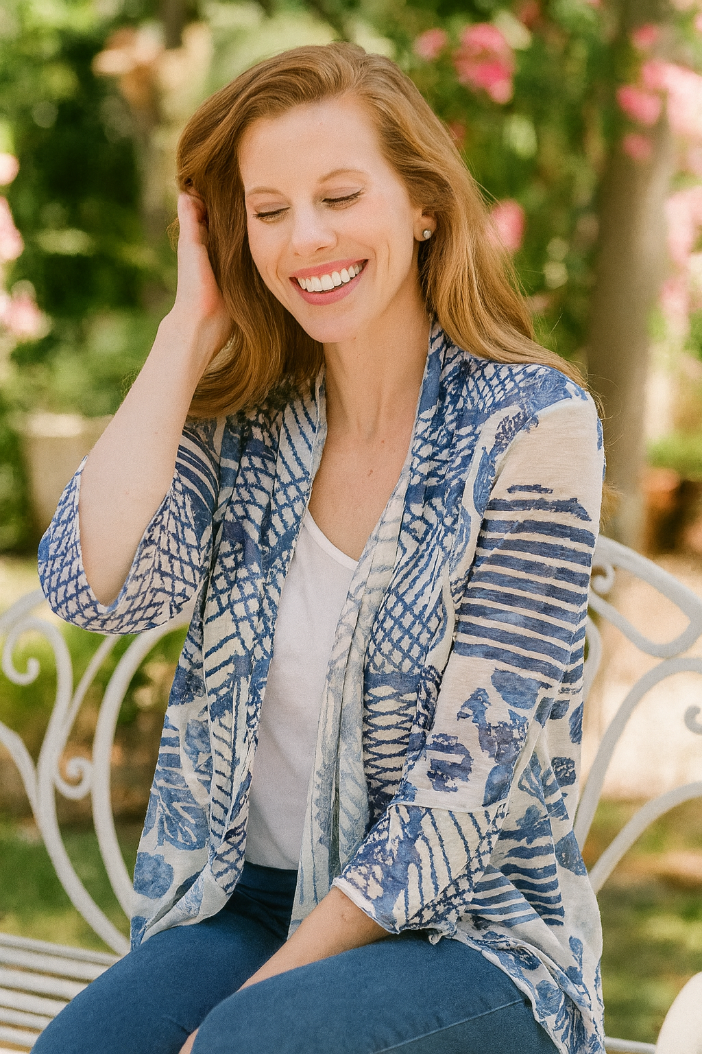 Print Knit Kimono Jacket - White/Blue