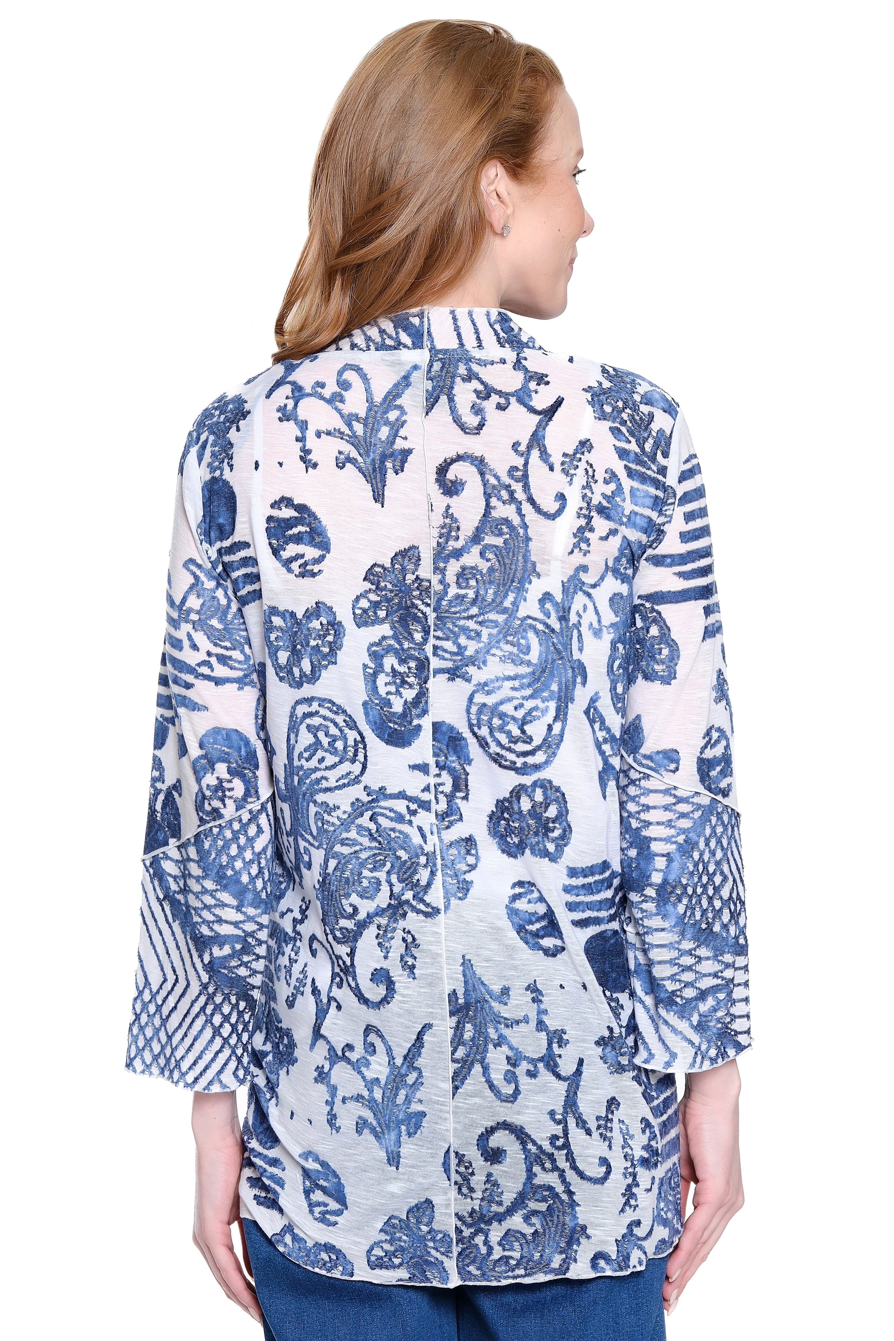 Print Knit Kimono Jacket - White/Blue