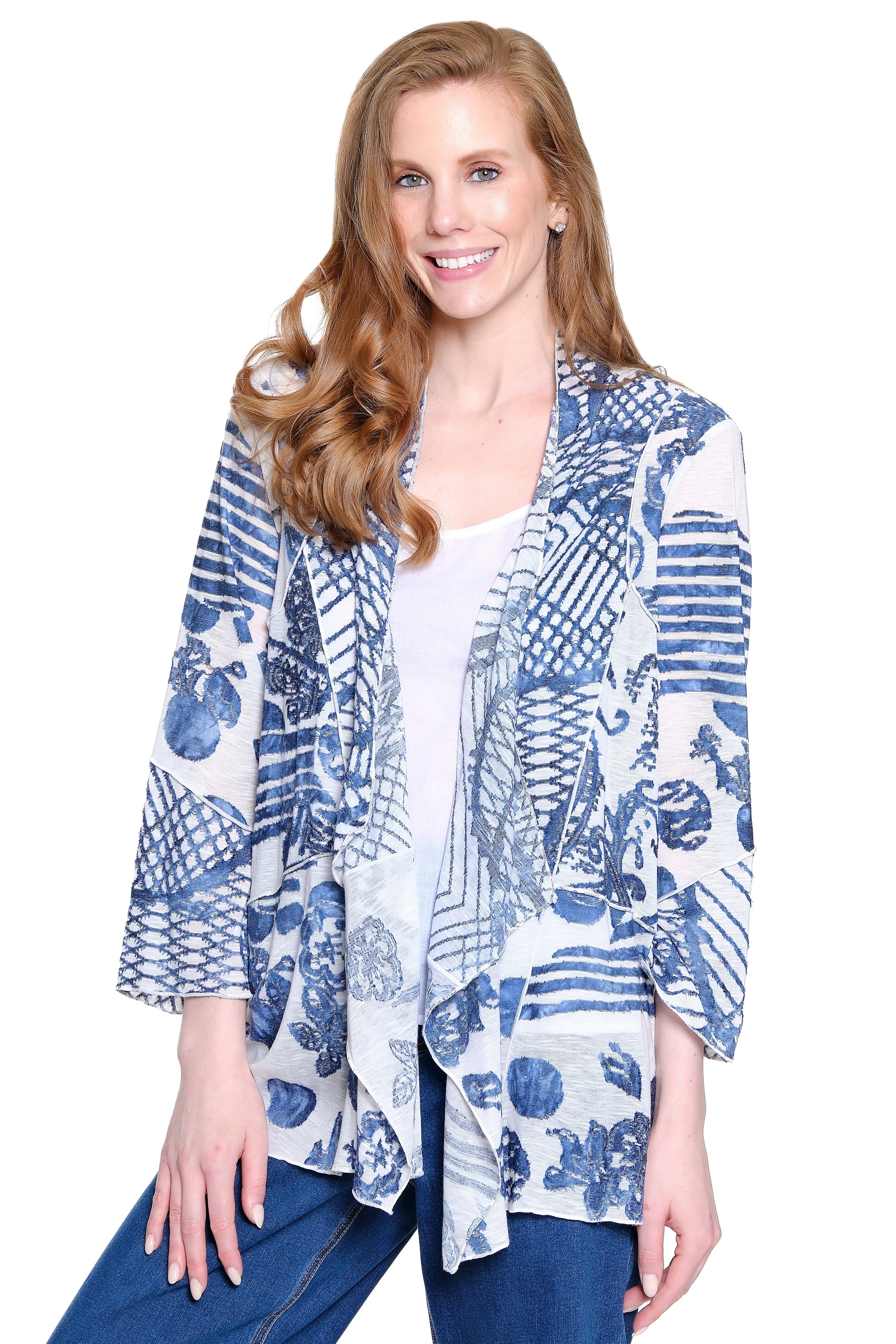 Print Knit Kimono Jacket - White/Blue