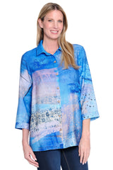 Button-Front Tunic with Back Button Detail - Petite - Blue Multi