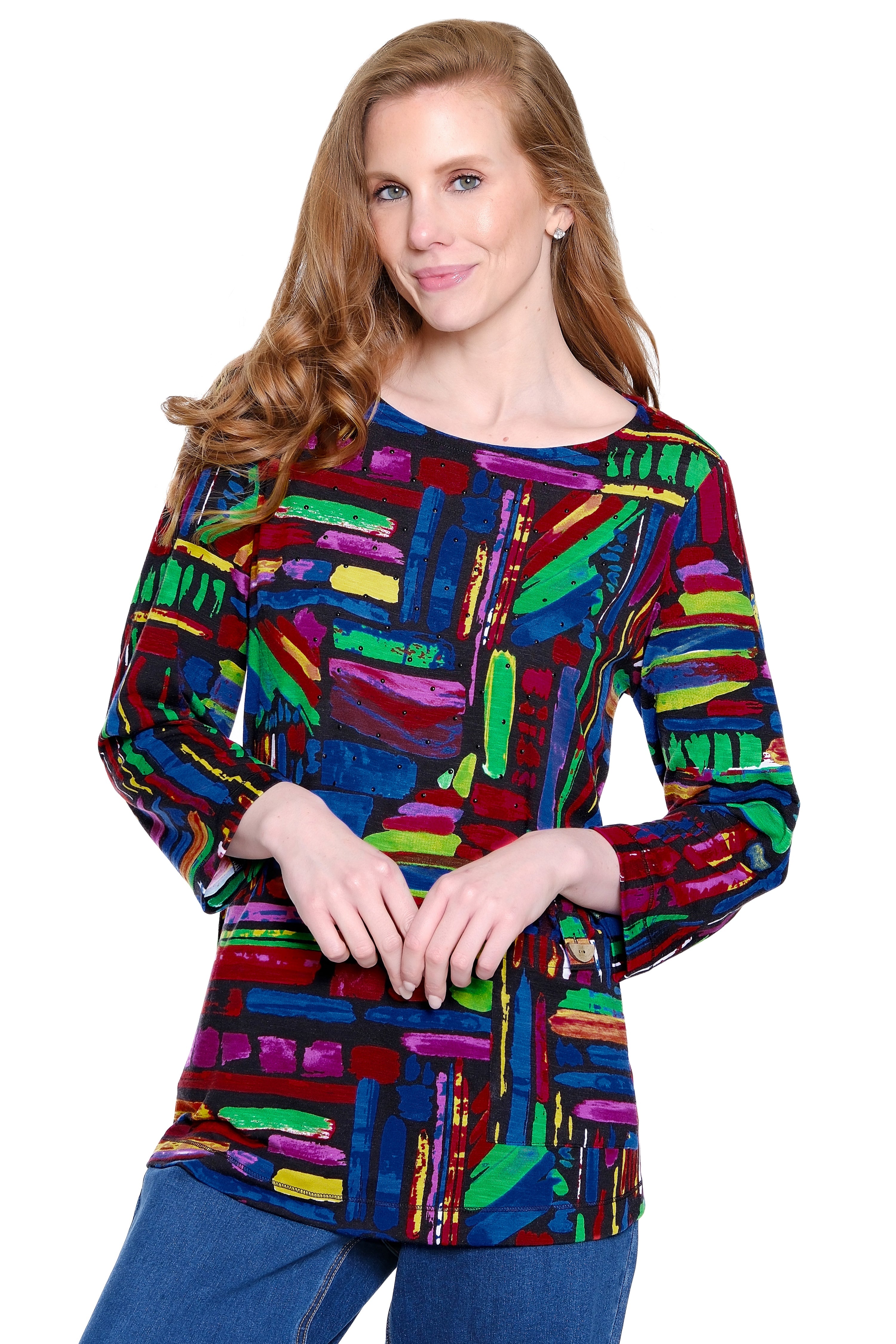 Printed Knit Tunic with Tab Pocket Detail - Multi