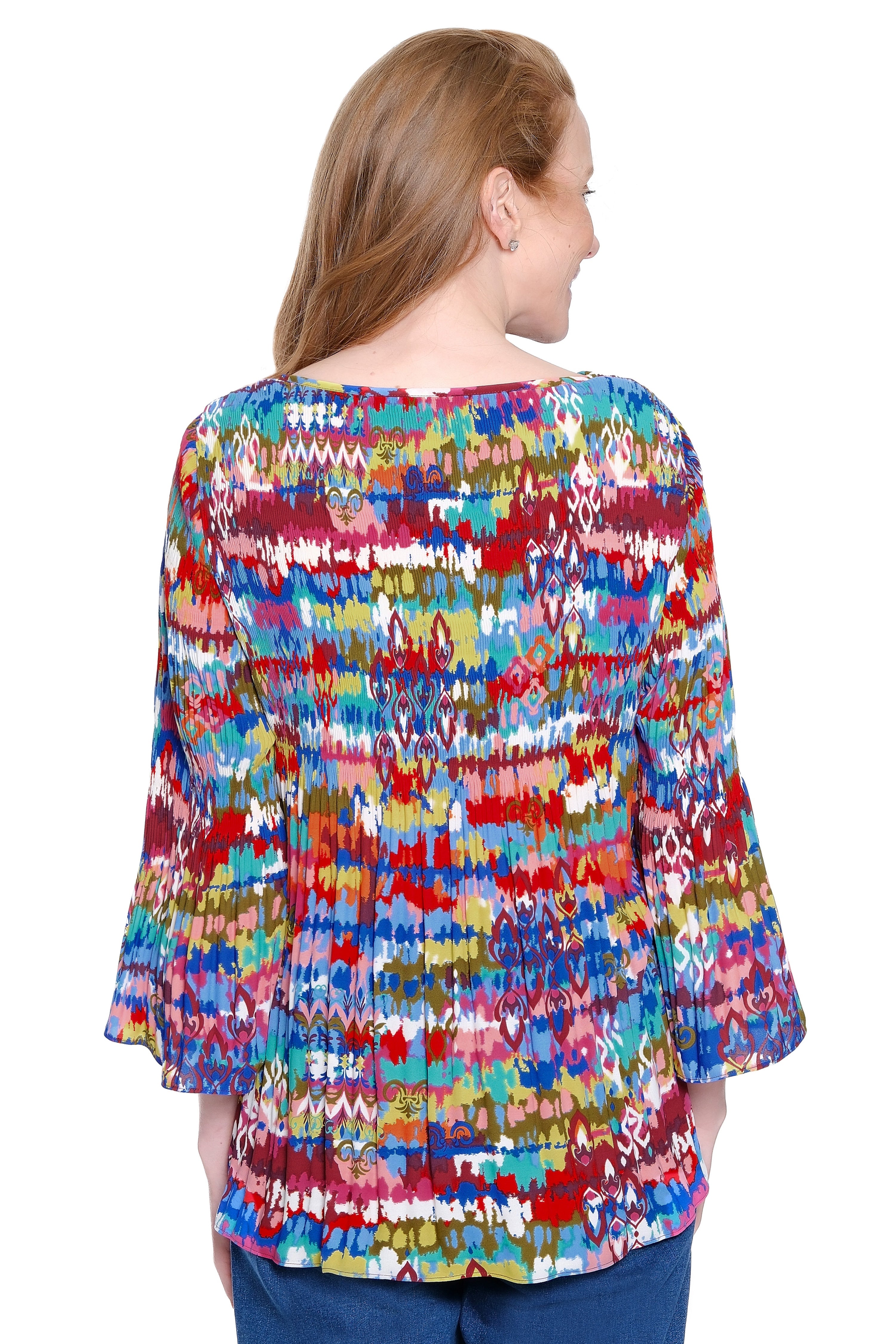 Split Neck Tunic with Flounce Sleeves - Ikat Multi