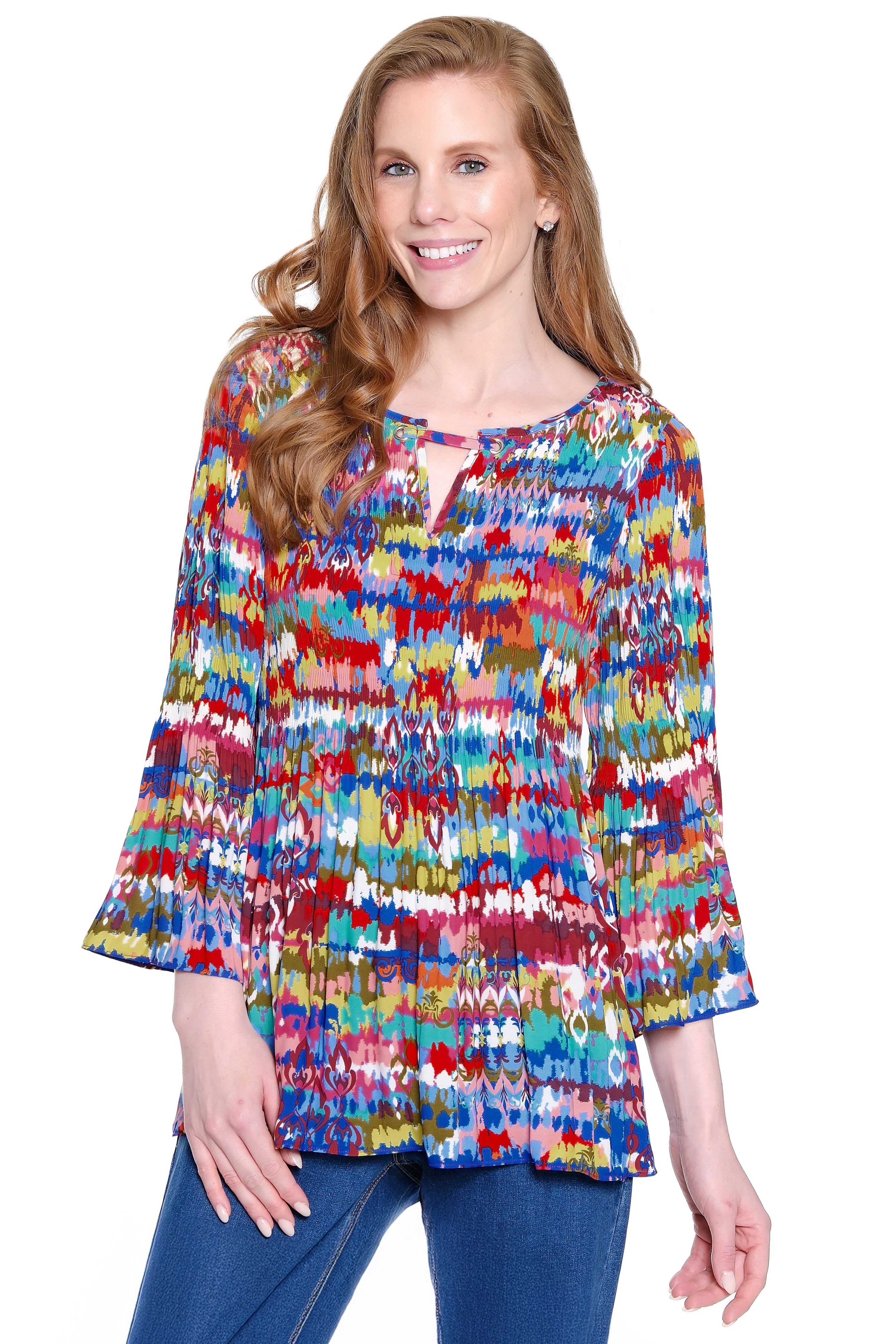 Split Neck Tunic with Flounce Sleeves - Ikat Multi