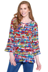 Split Neck Tunic with Flounce Sleeves - Petite - Ikat Multi