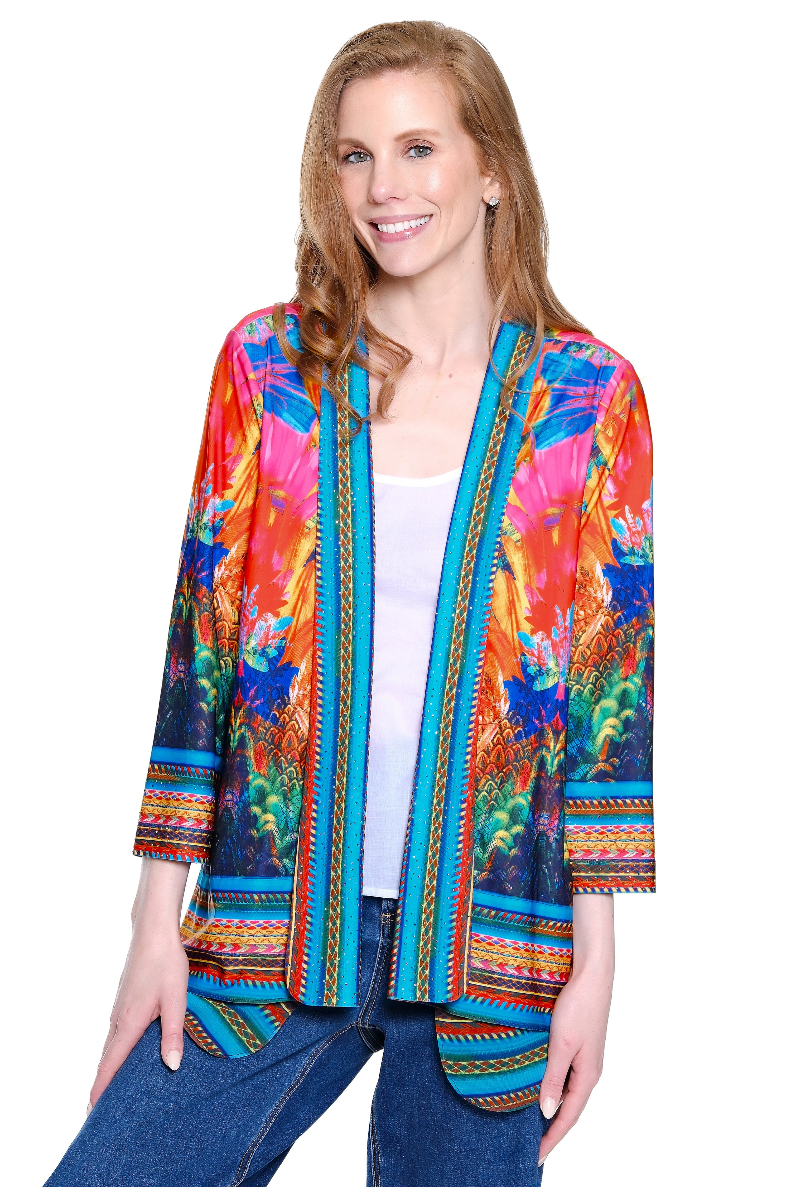 Knit Open Front Cardigan Jacket - Abstract Floral
