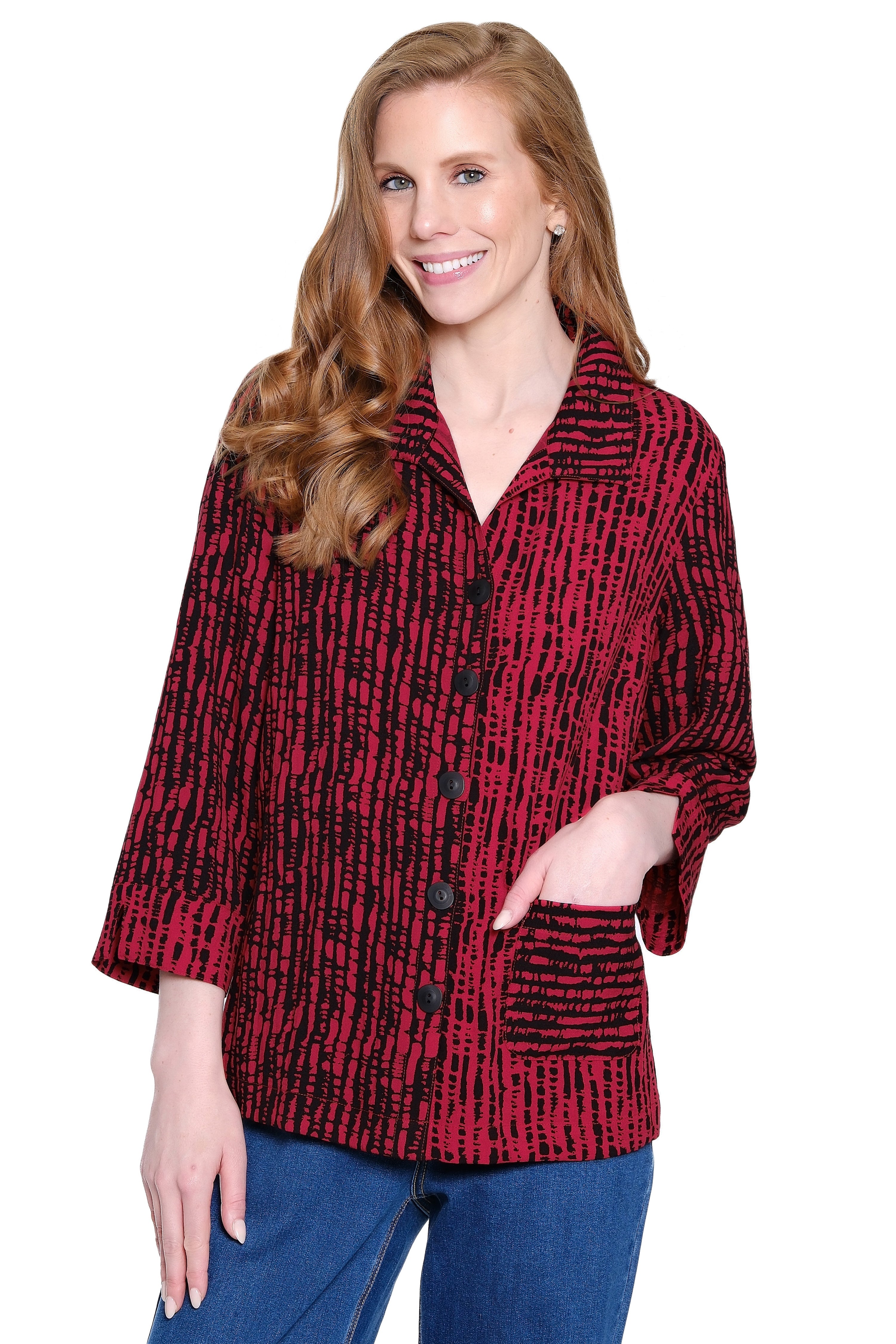 Button-Front Tunic with Patch Pocket - Red Multi