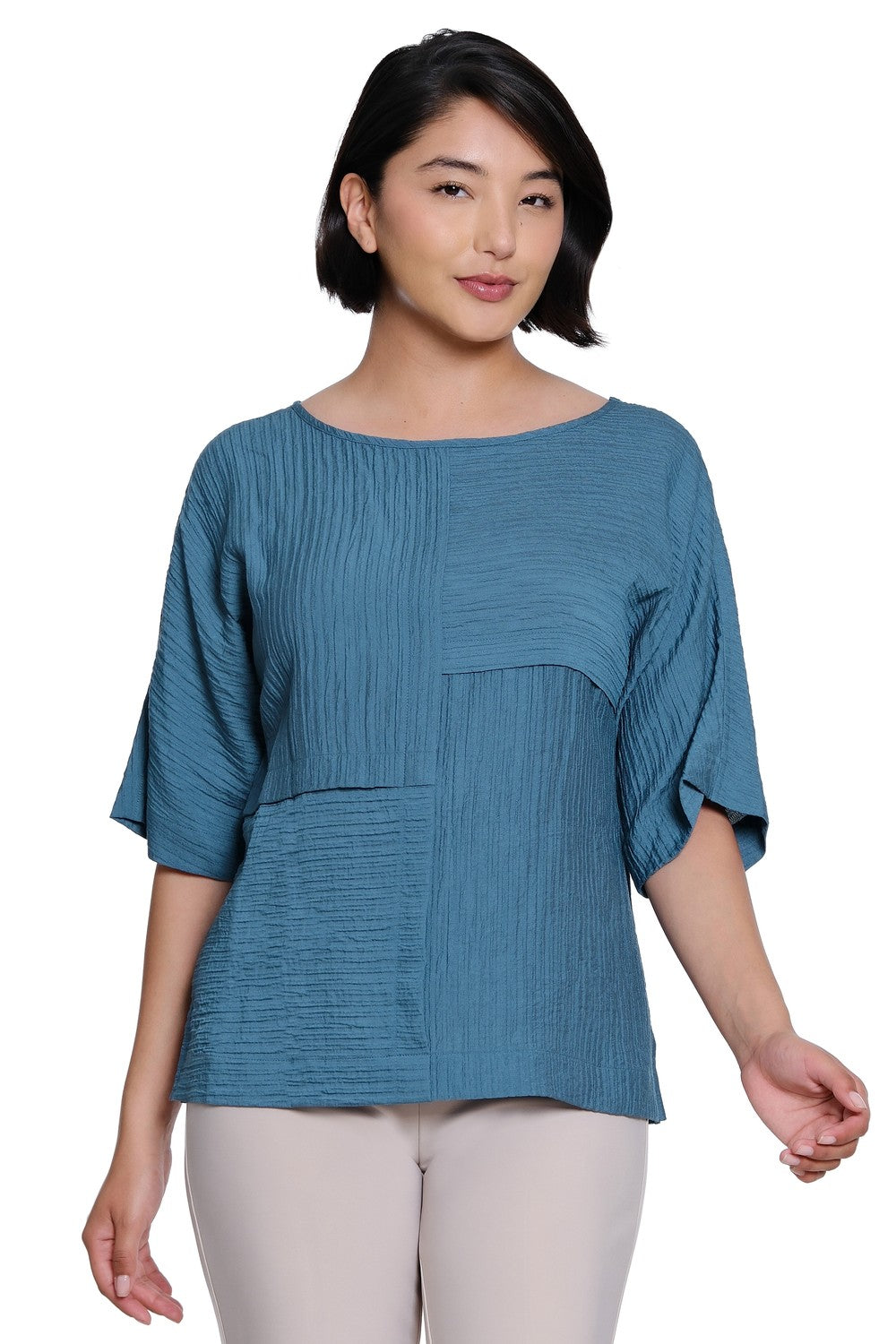 Ali Miles Slate Blue Textured Woven Popover - Missy