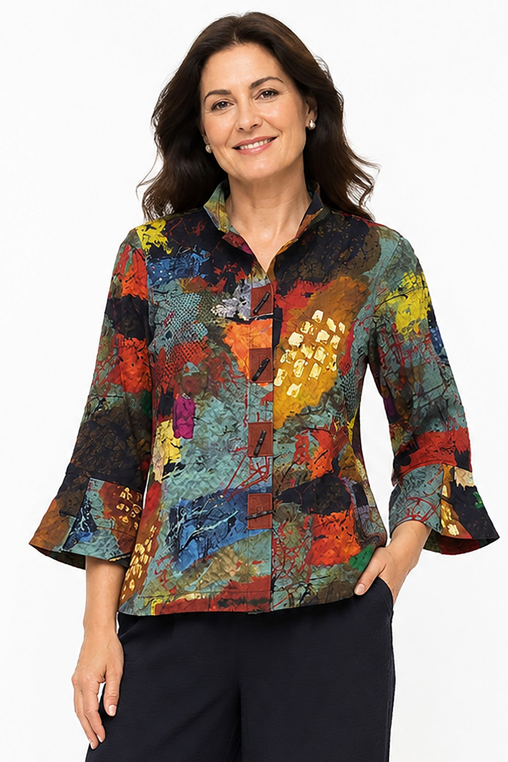 Ali Miles Abstract Multi Textured Woven Button-Front Top - Missy