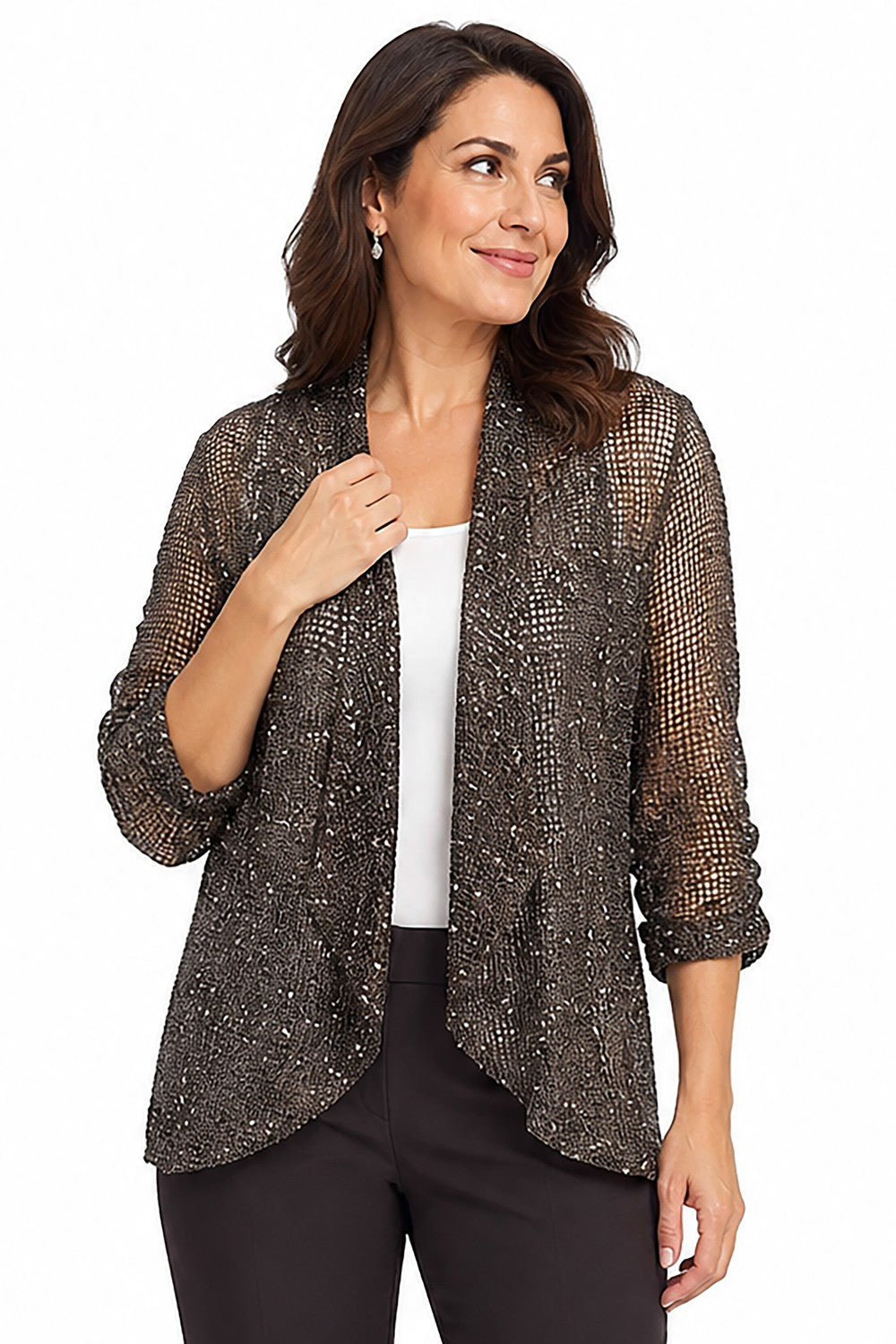 Ali Miles Chocolate Woven Mesh Open-Front Jacket - Missy