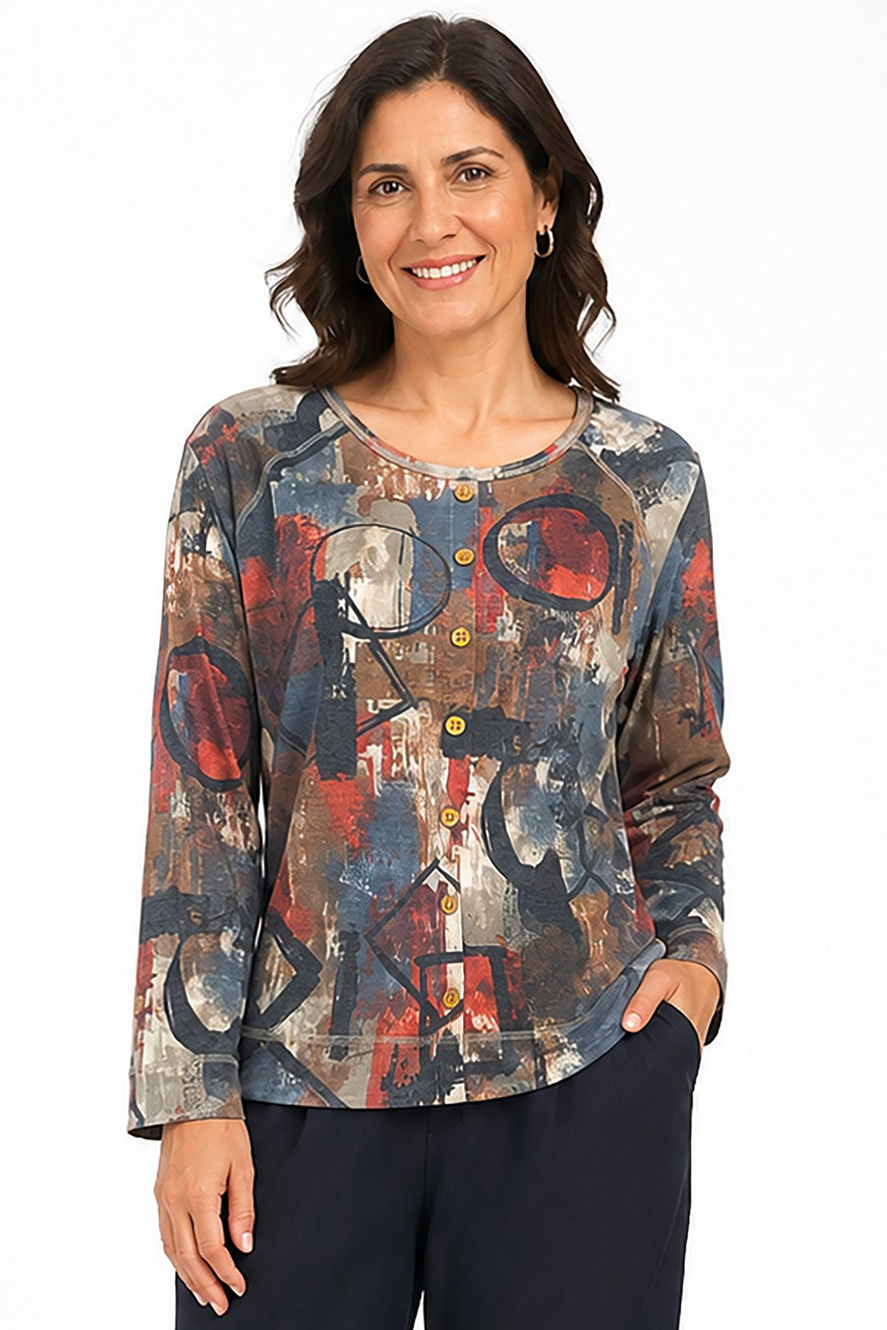 Ali Miles Multi Printed Knit Popover - Missy