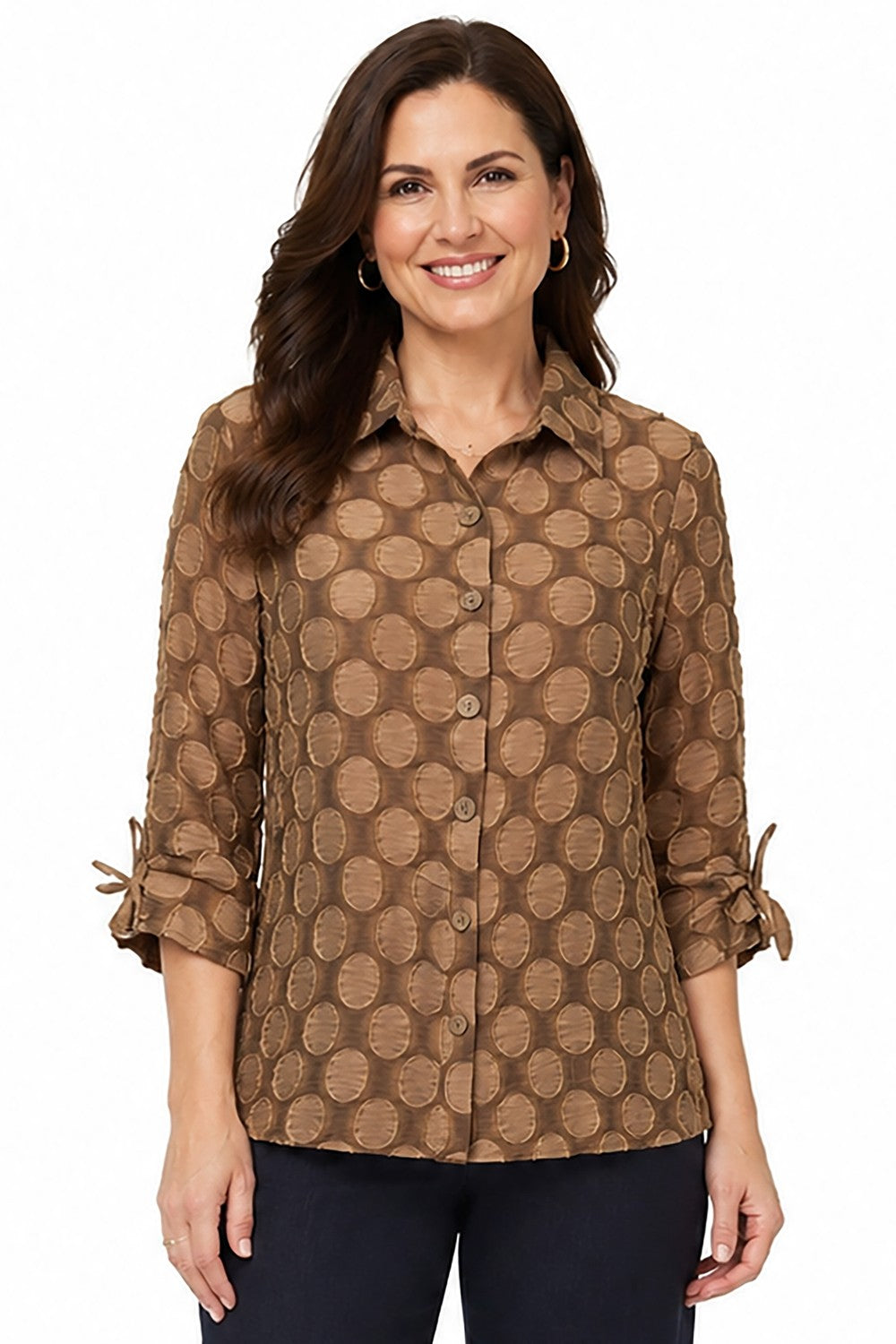 Ali Miles Copper Woven Jacquard Button-Front Top - Missy