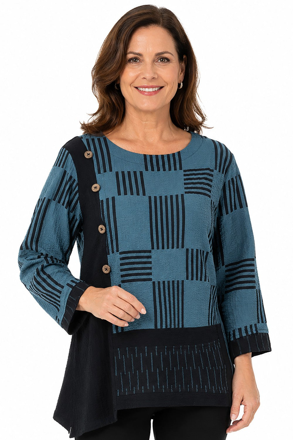 Ali Miles Slate Blue Woven Textured Popover - Missy