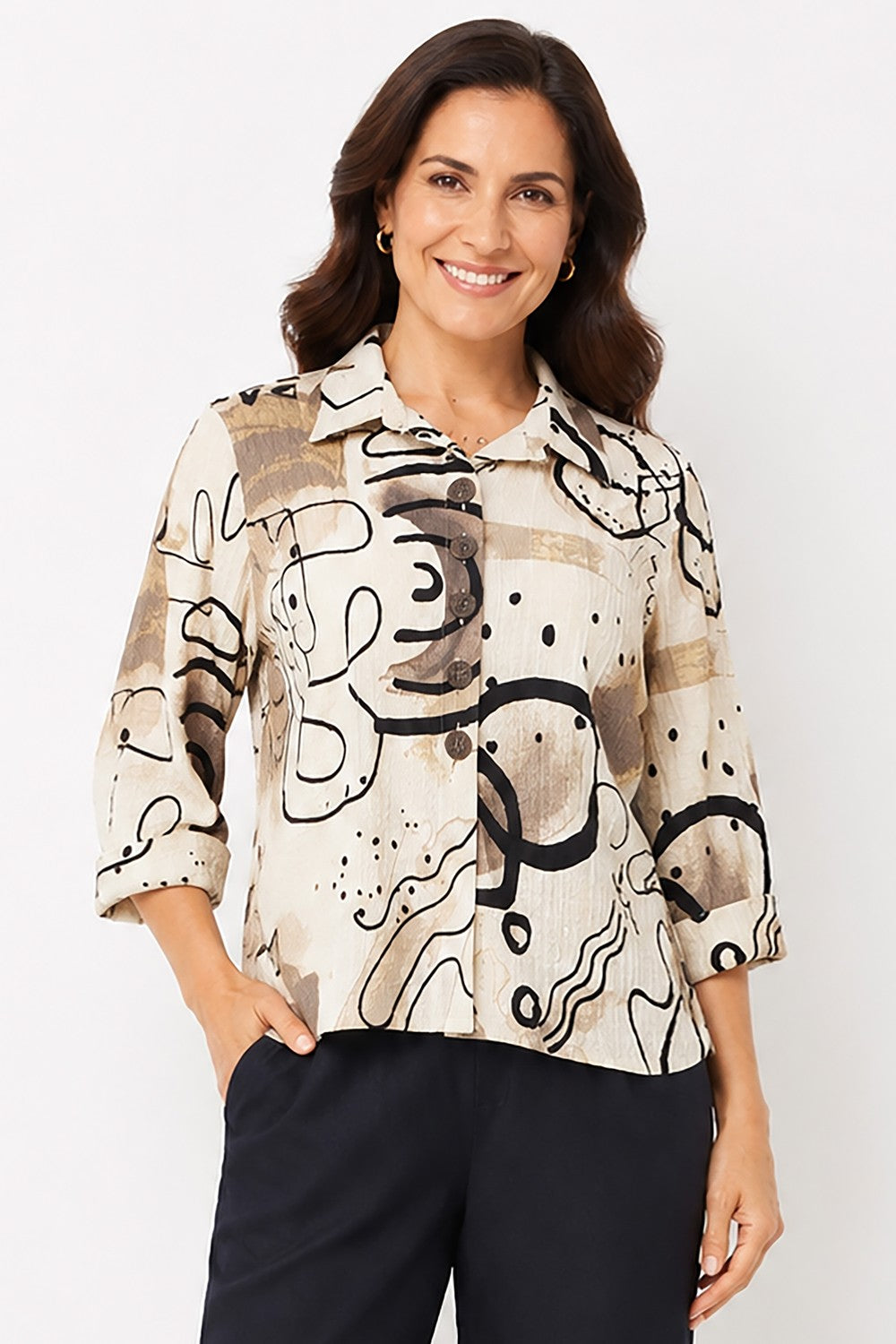 Ali Miles Abstract Multi Knit Textured Button-Front Top - Missy