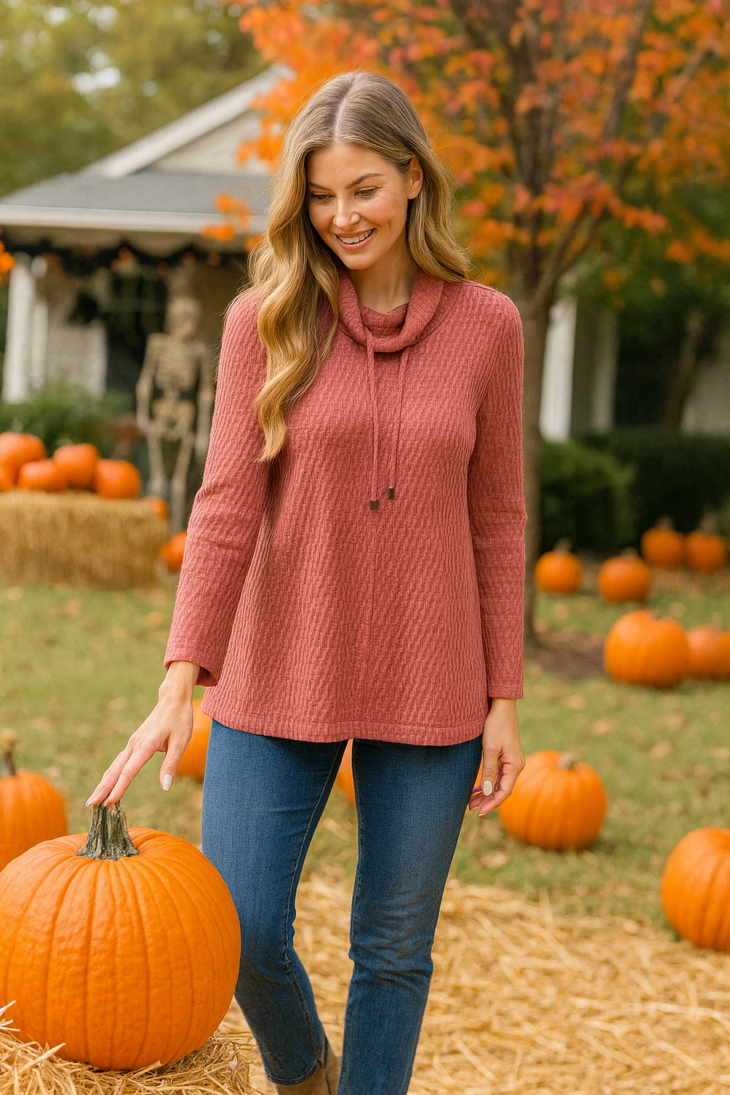 Textured Cowl Neck Tunic - Spice