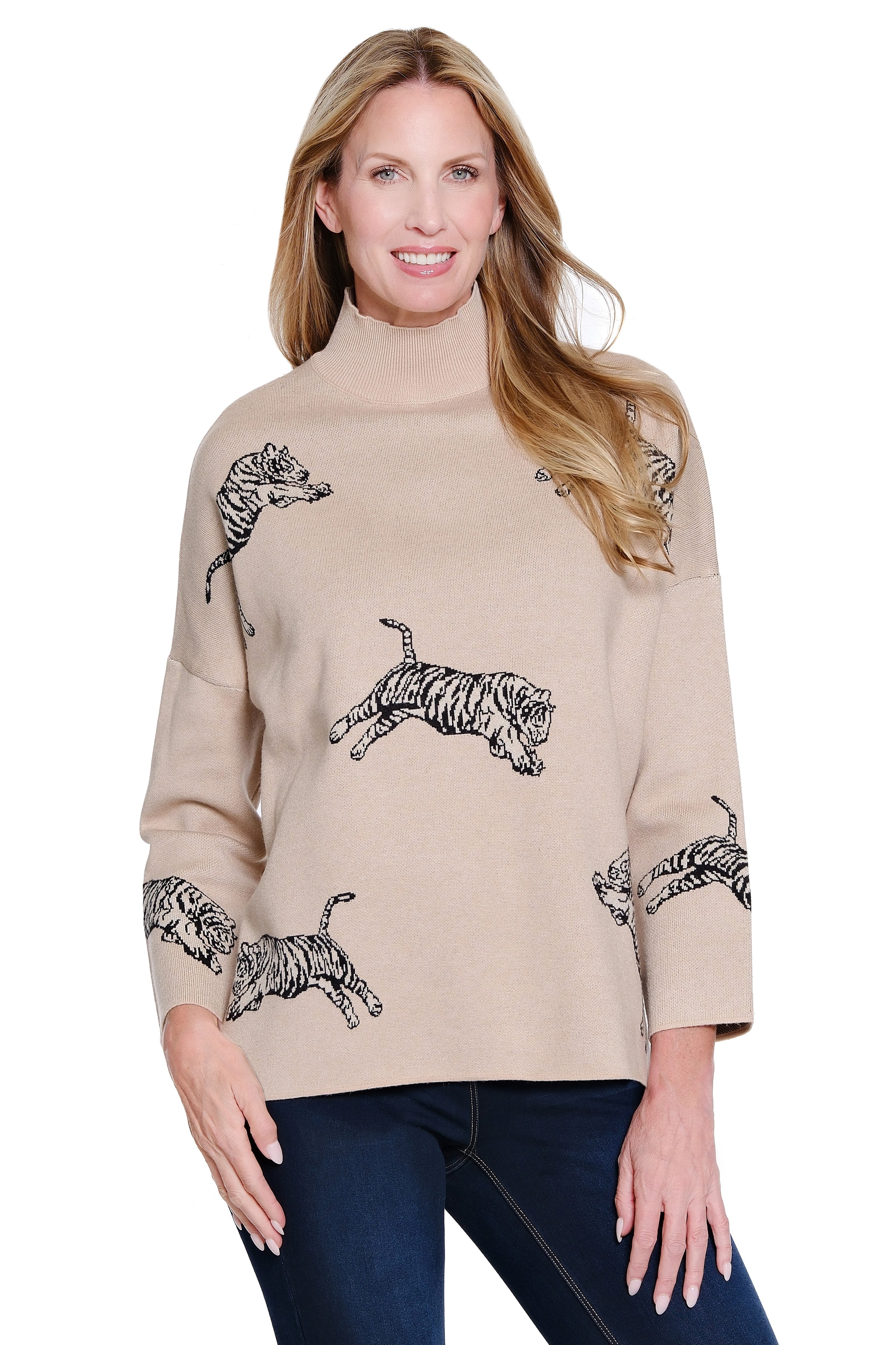Animal Print Knit Sweater - Petite - Heather Oatmeal