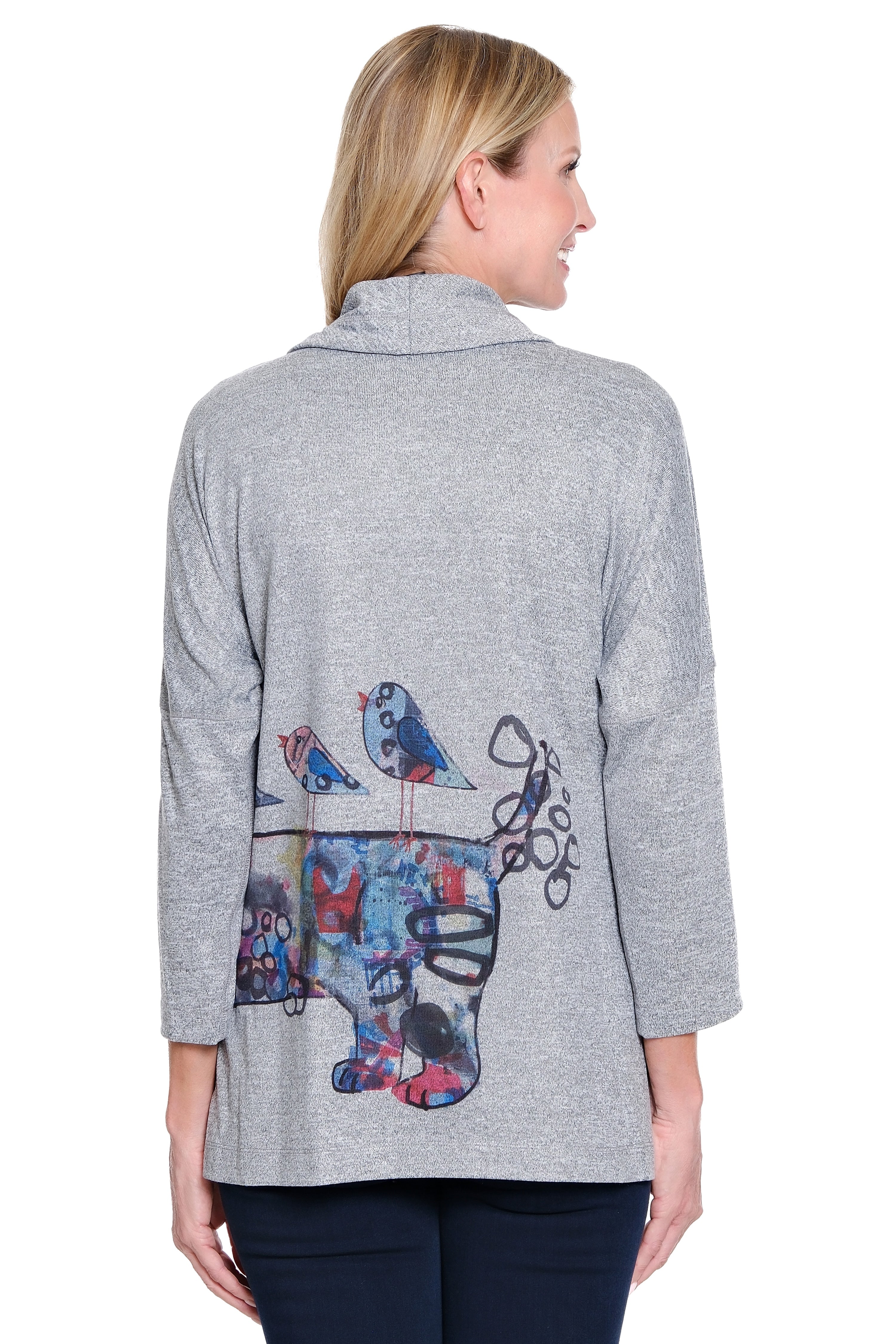 Knit Cowl Neck Top - Petite - Gray Animal Print