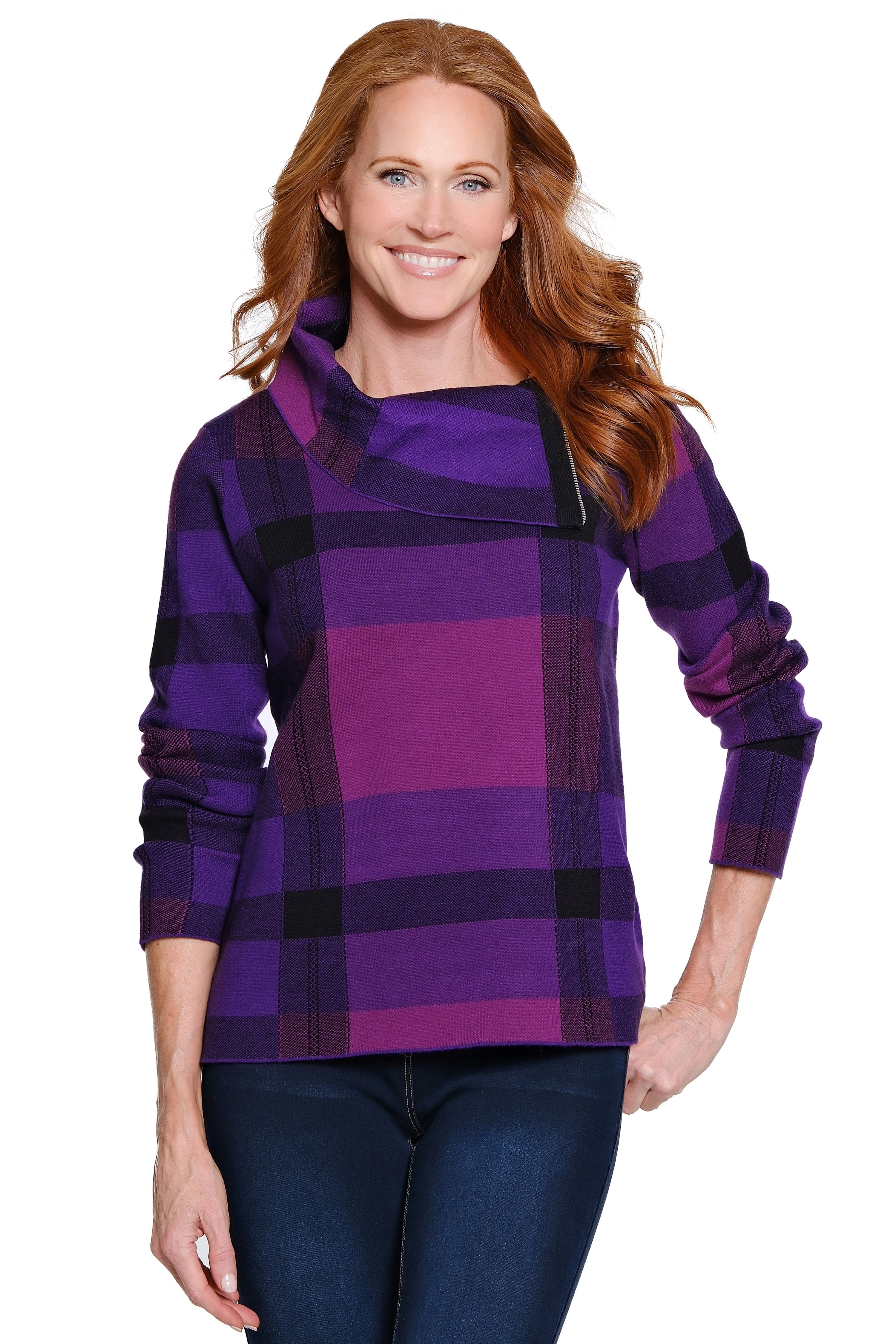 Plaid Knit Sweater - Purple