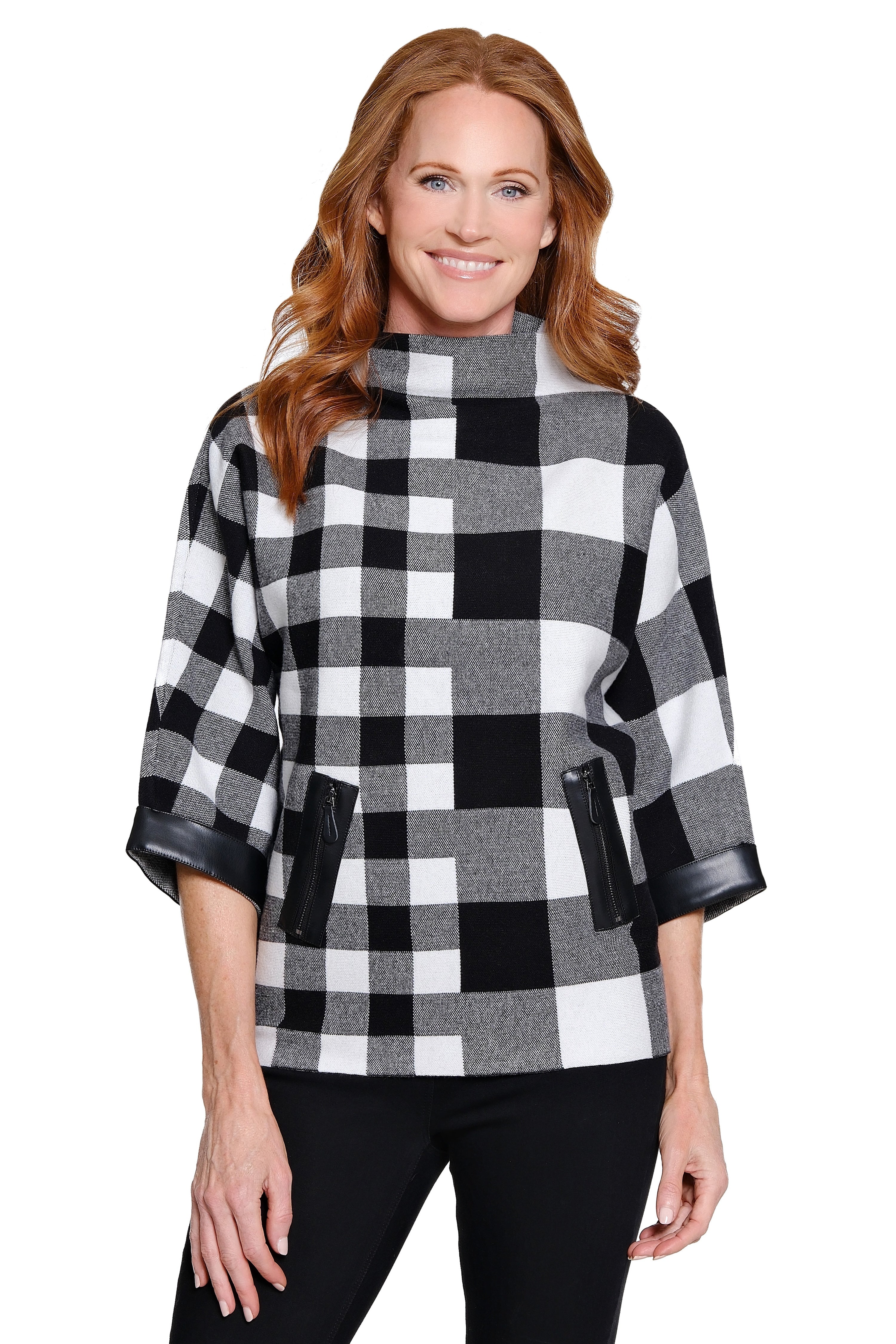 Zip Pocket Mock Neck Sweater - Plaid Multi