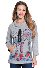 Knit Cowl Neck Top - Petite - Gray Animal Print