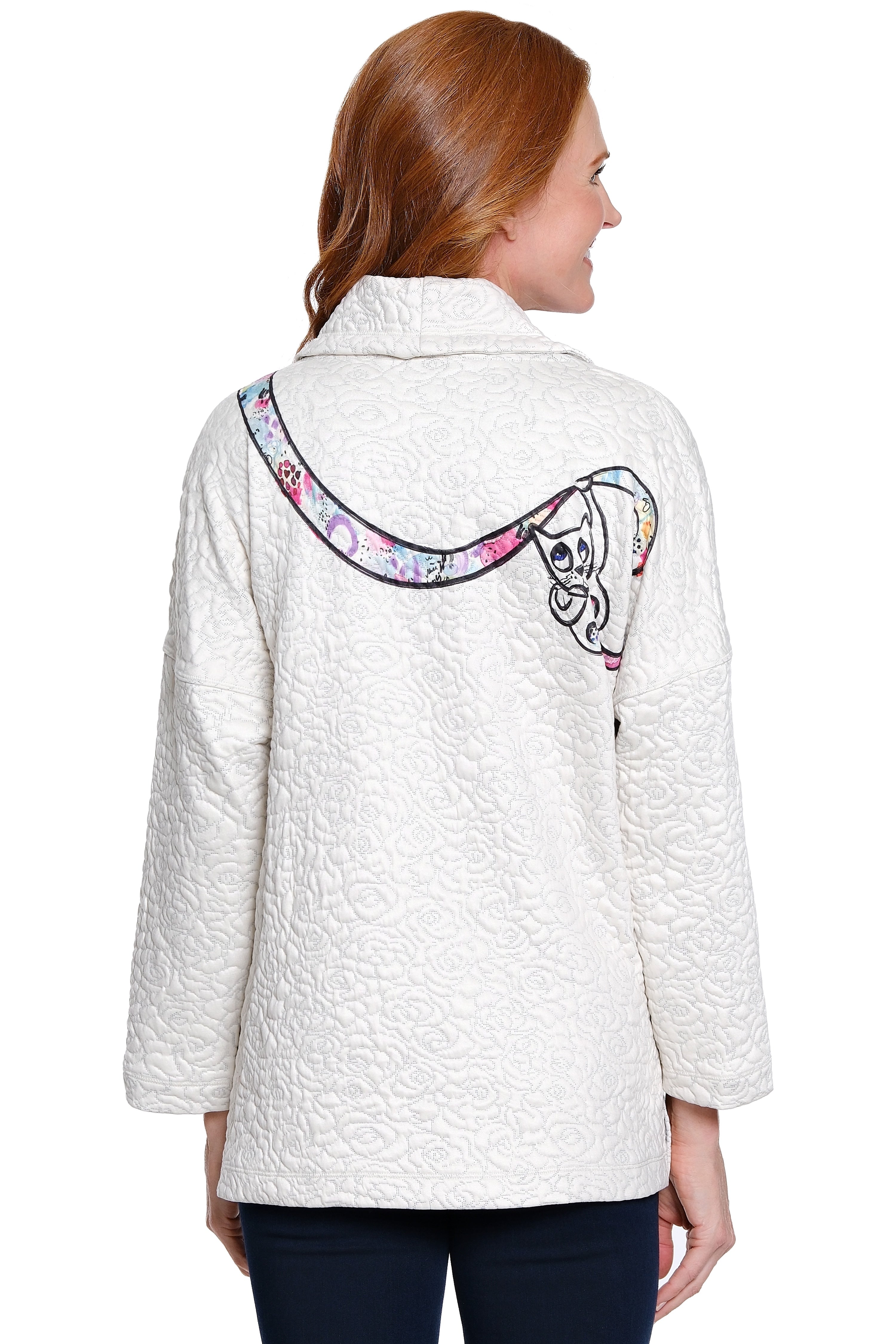 Cat Print Cowl Neck Top - Petite - Grey Animal Print