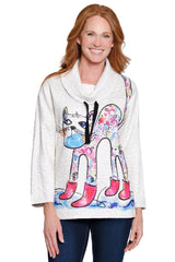 Cat Print Cowl Neck Top - Petite - Grey Animal Print