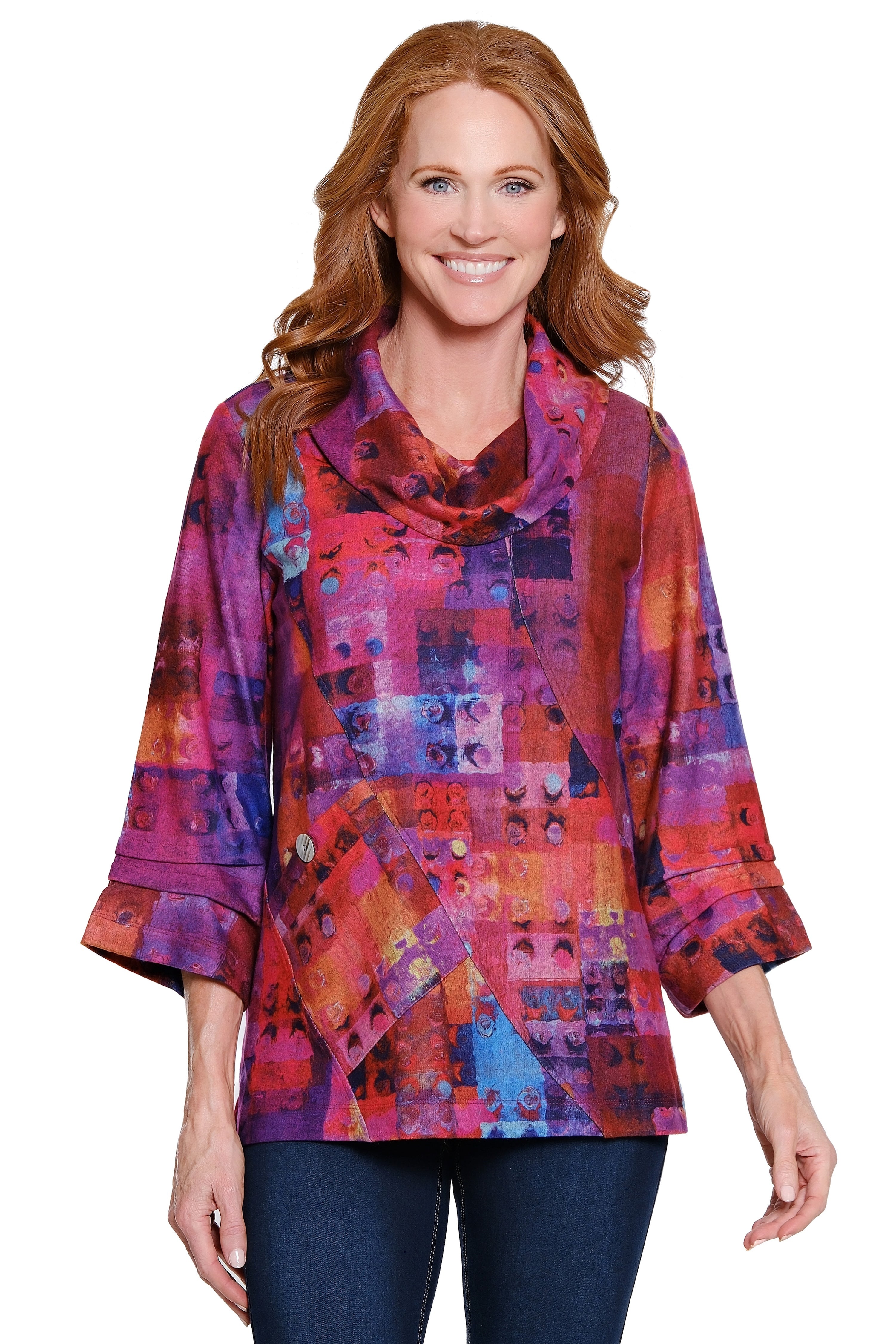 Brushed Knit Cowl Neck Tunic - Plus - Multi Pink