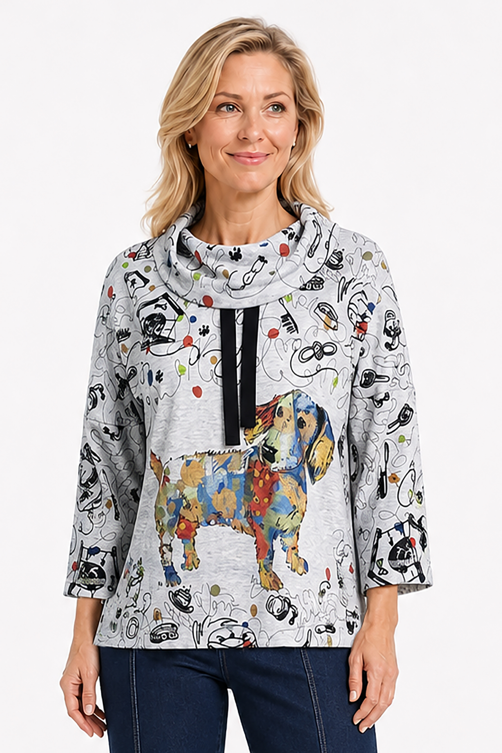 Grey Animal Cowl Neck Drawstring Popover - Plus