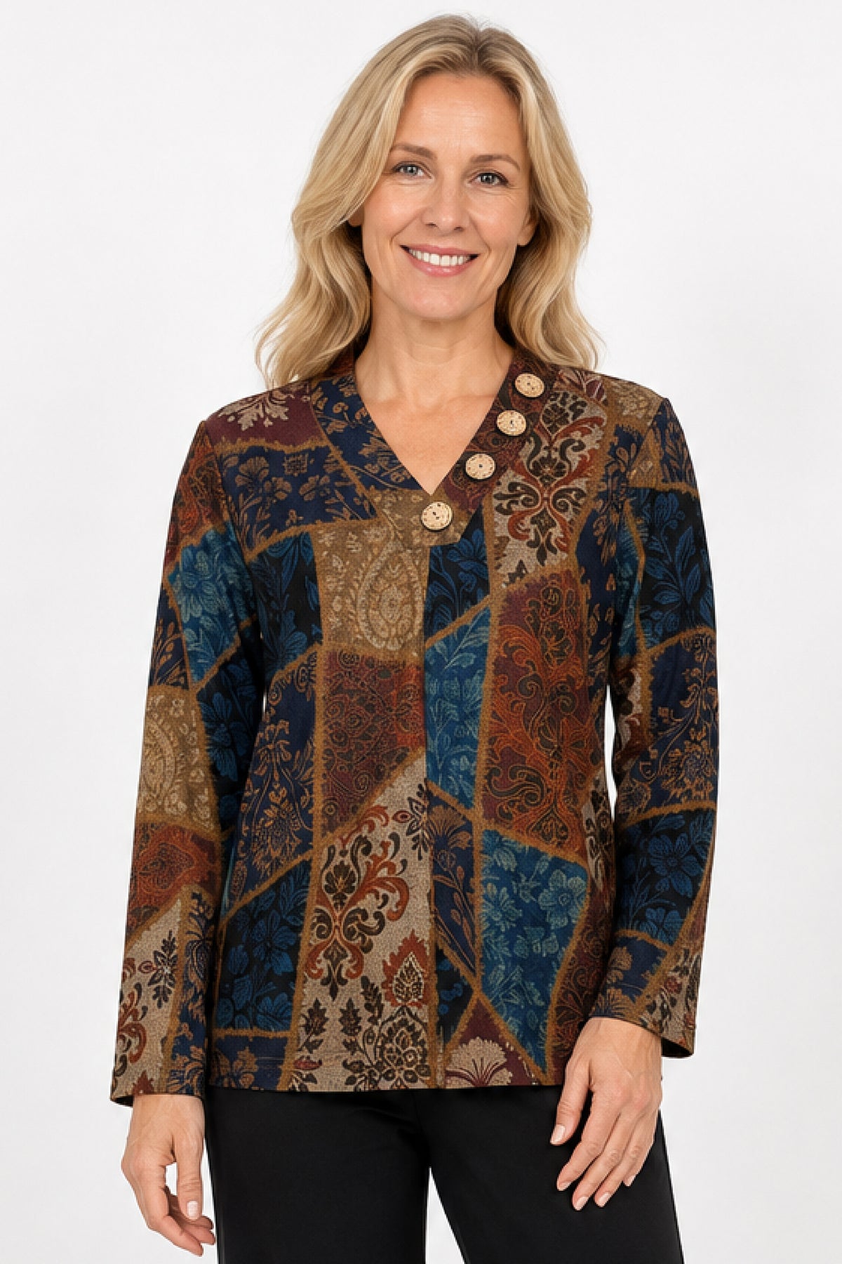 Floral Multi V-Neck Button Detail Popover - Plus