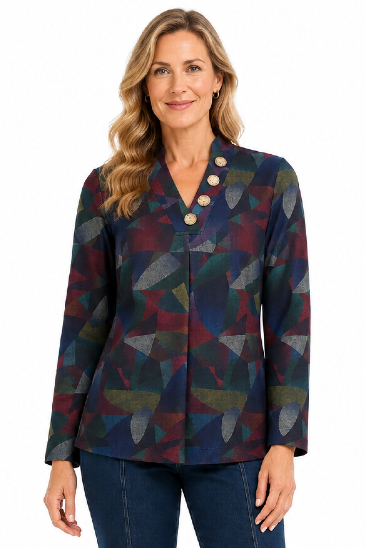 Geo Multi V-Neck Button Detail Popover - Missy